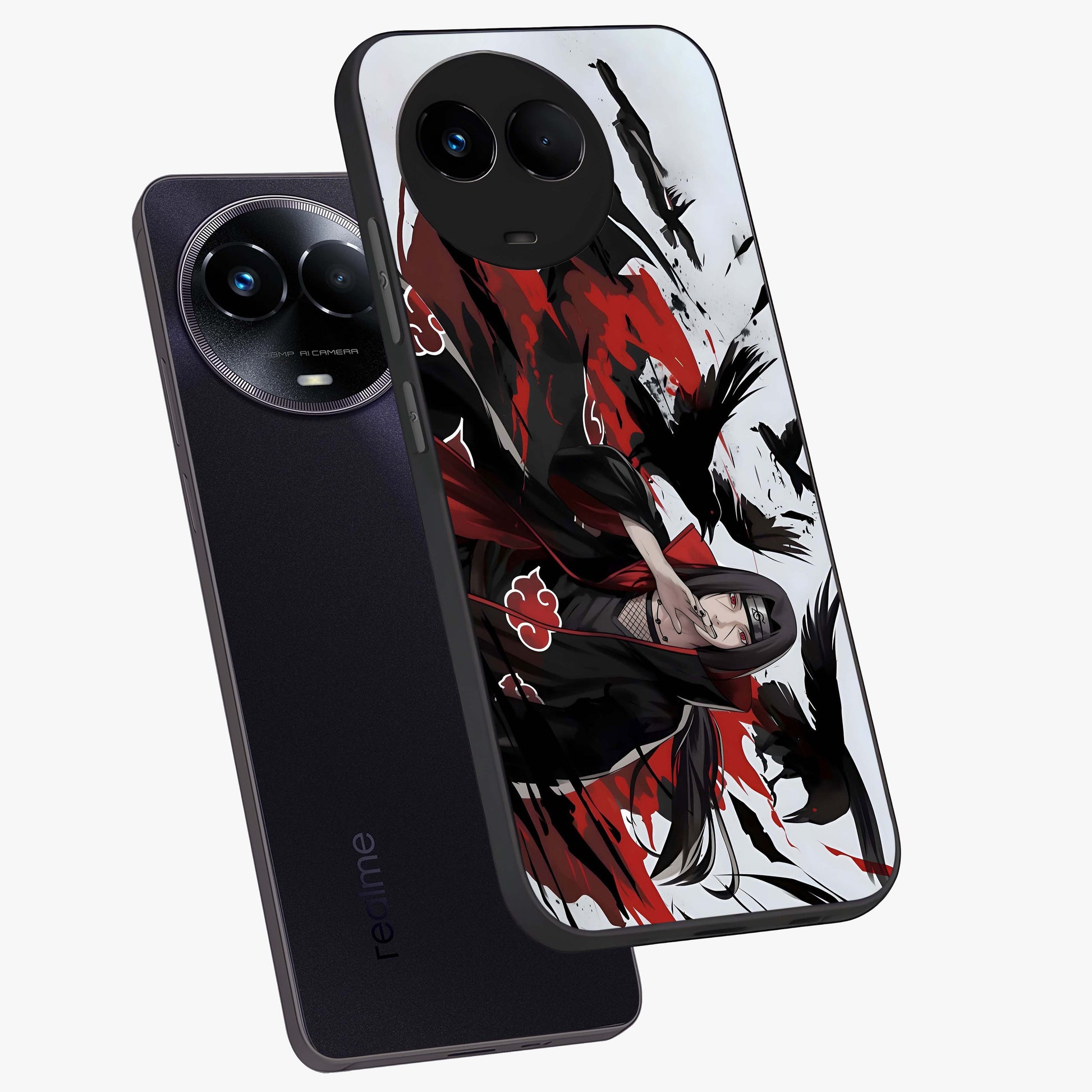 Crimson Crow Illusion Glass Case displayed in angled mockup highlighting mysterious crow graphic with dark aesthetic style.