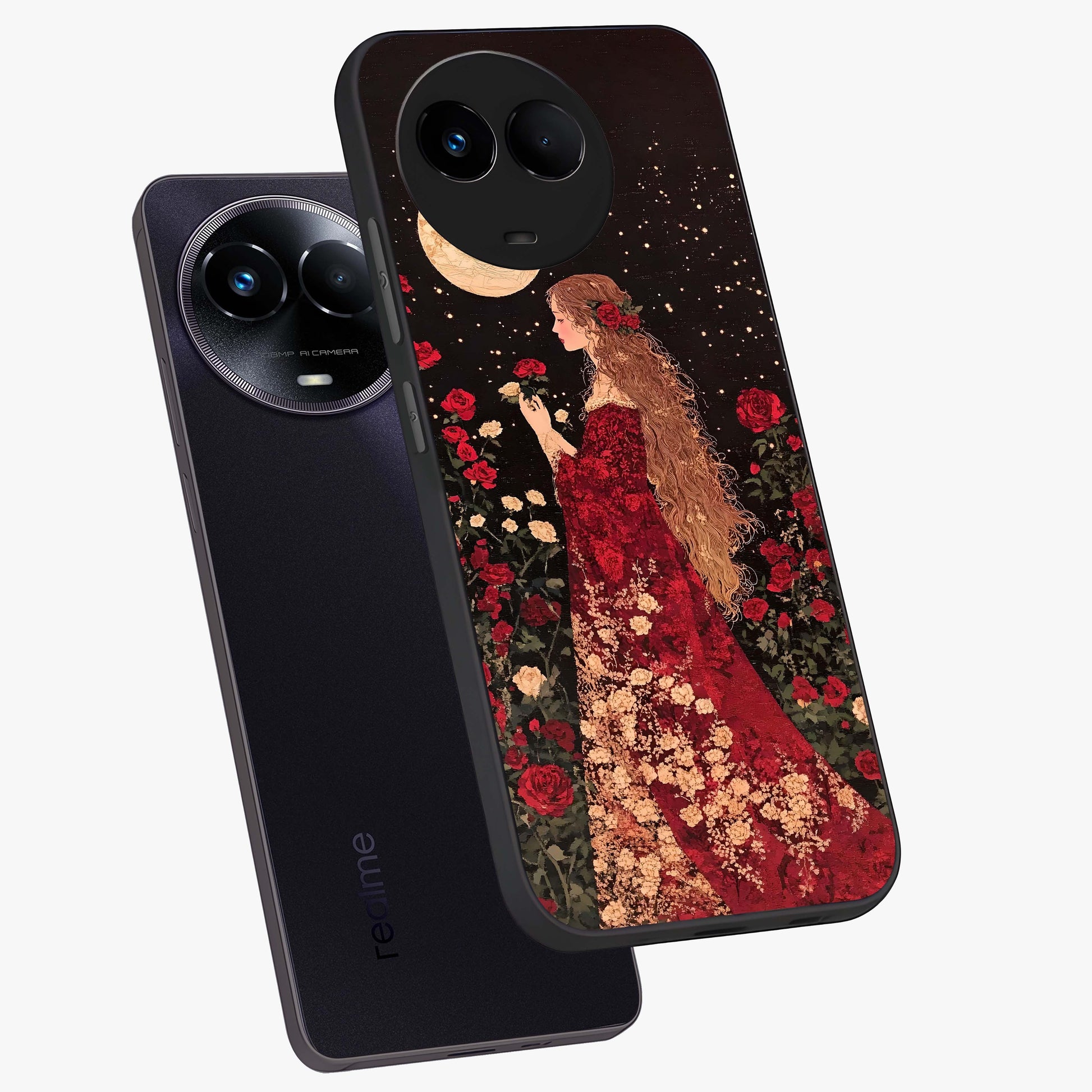 Crimson Dreams Glass Case displayed in angled mockup highlighting soft crimson aesthetic design with artistic theme.