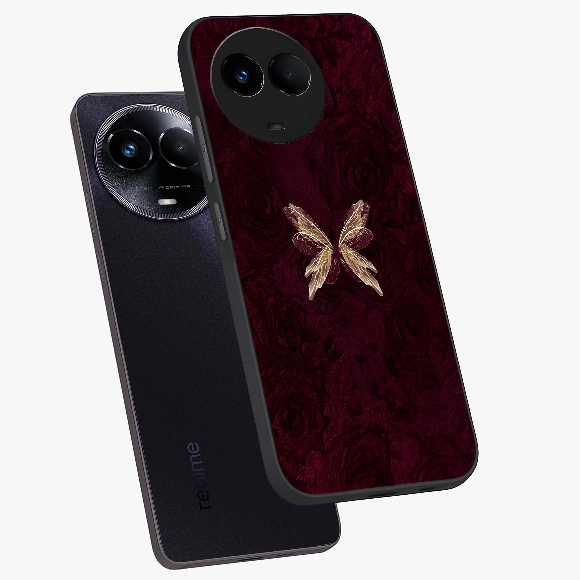 Crimson Fade Butterfly Glass Case displayed in angled mockup highlighting elegant butterfly design with crimson gradient aesthetic.