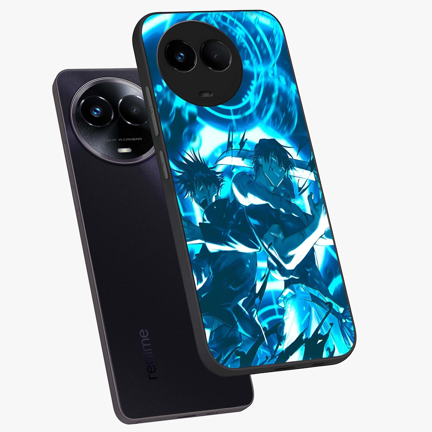 Cursed Energy Clash Glass Case displayed in angled mockup highlighting powerful battle inspired graphic with anime style aesthetic.