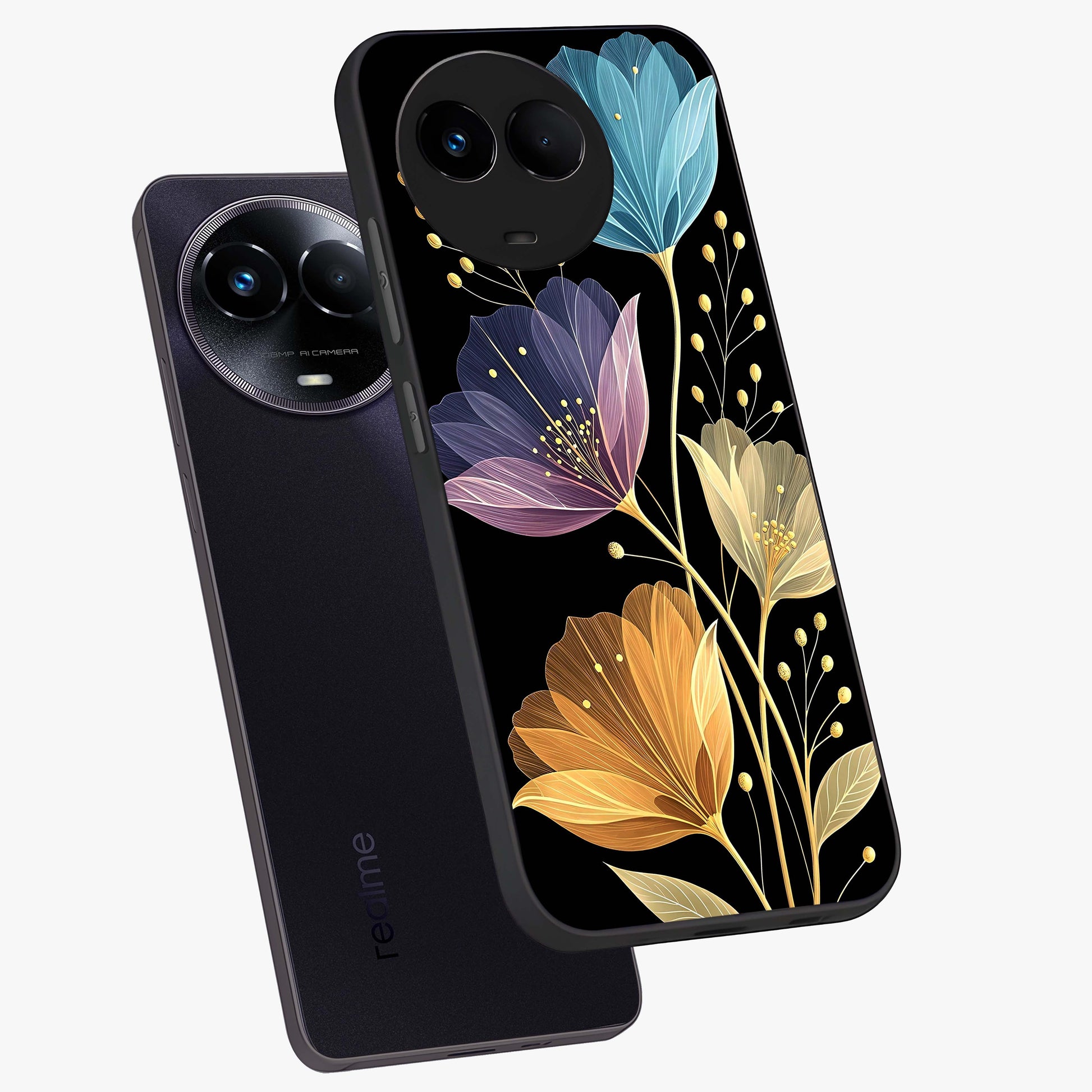 Delicate Multicolor Flowers Glass Case displayed in angled mockup highlighting colorful flower pattern with soft aesthetic style.