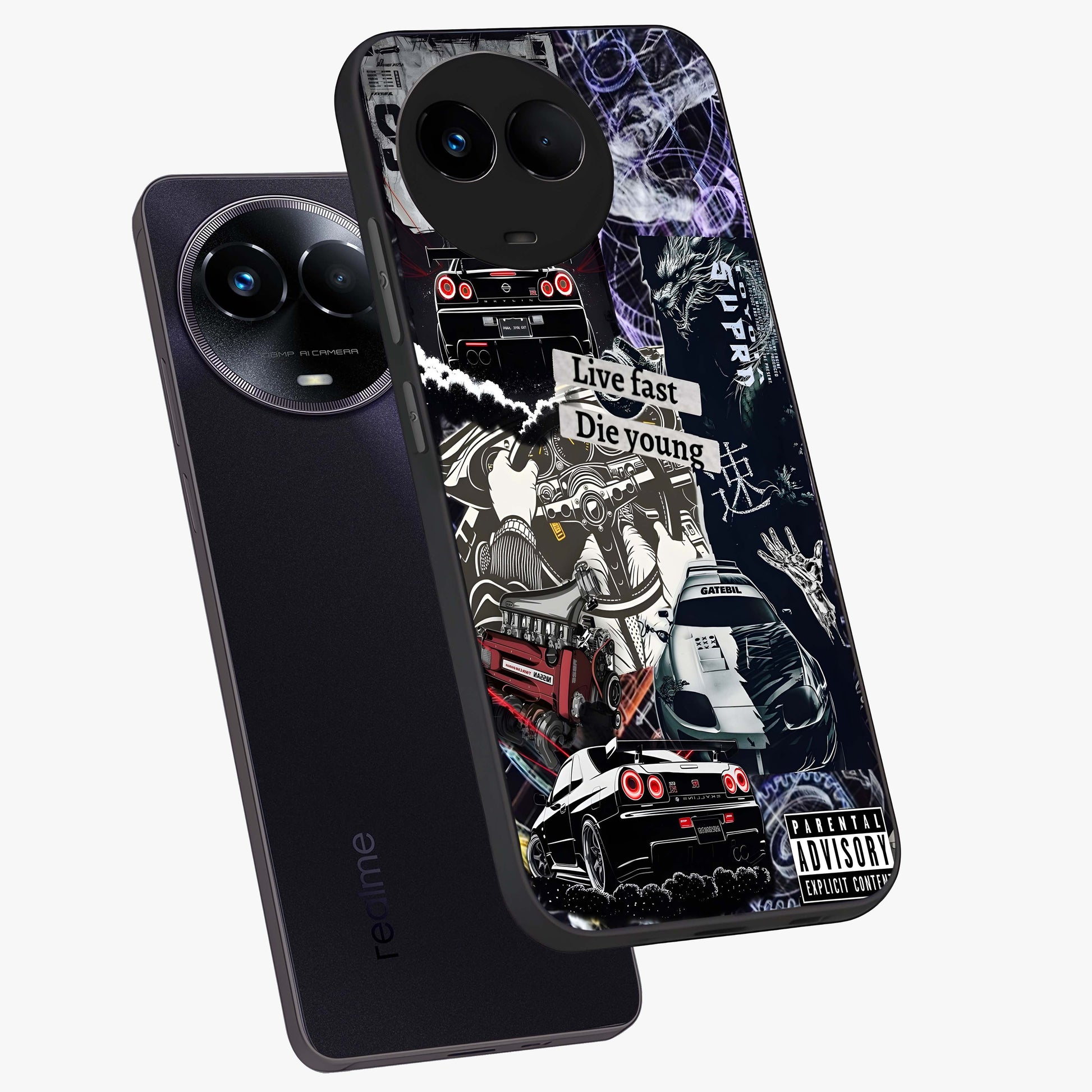 Die Young Glass Case displayed in angled mockup highlighting expressive graphic artwork with edgy aesthetic style.