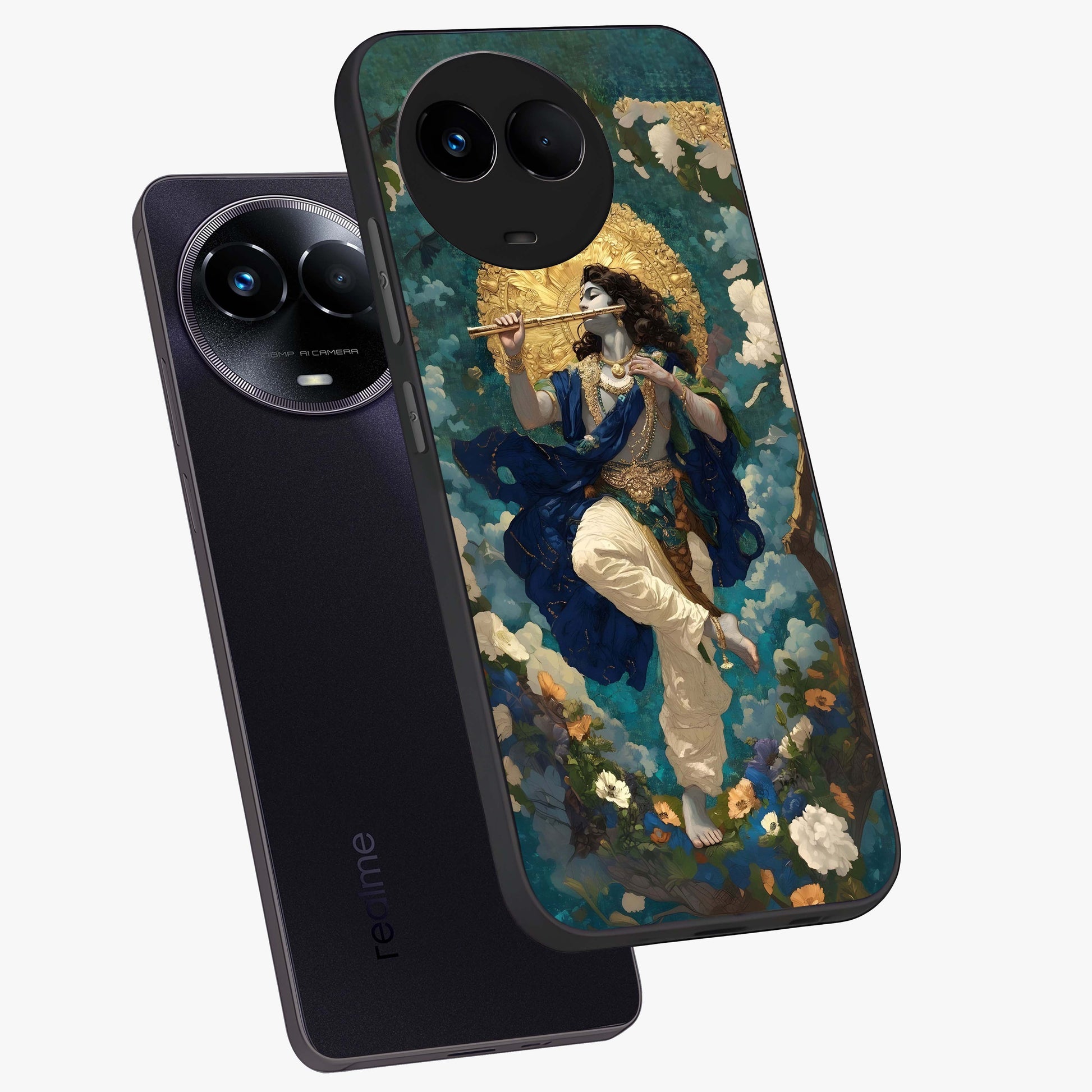 Divine Krishna Art Glass Case displayed in angled mockup highlighting spiritual Krishna illustration with devotional aesthetic.