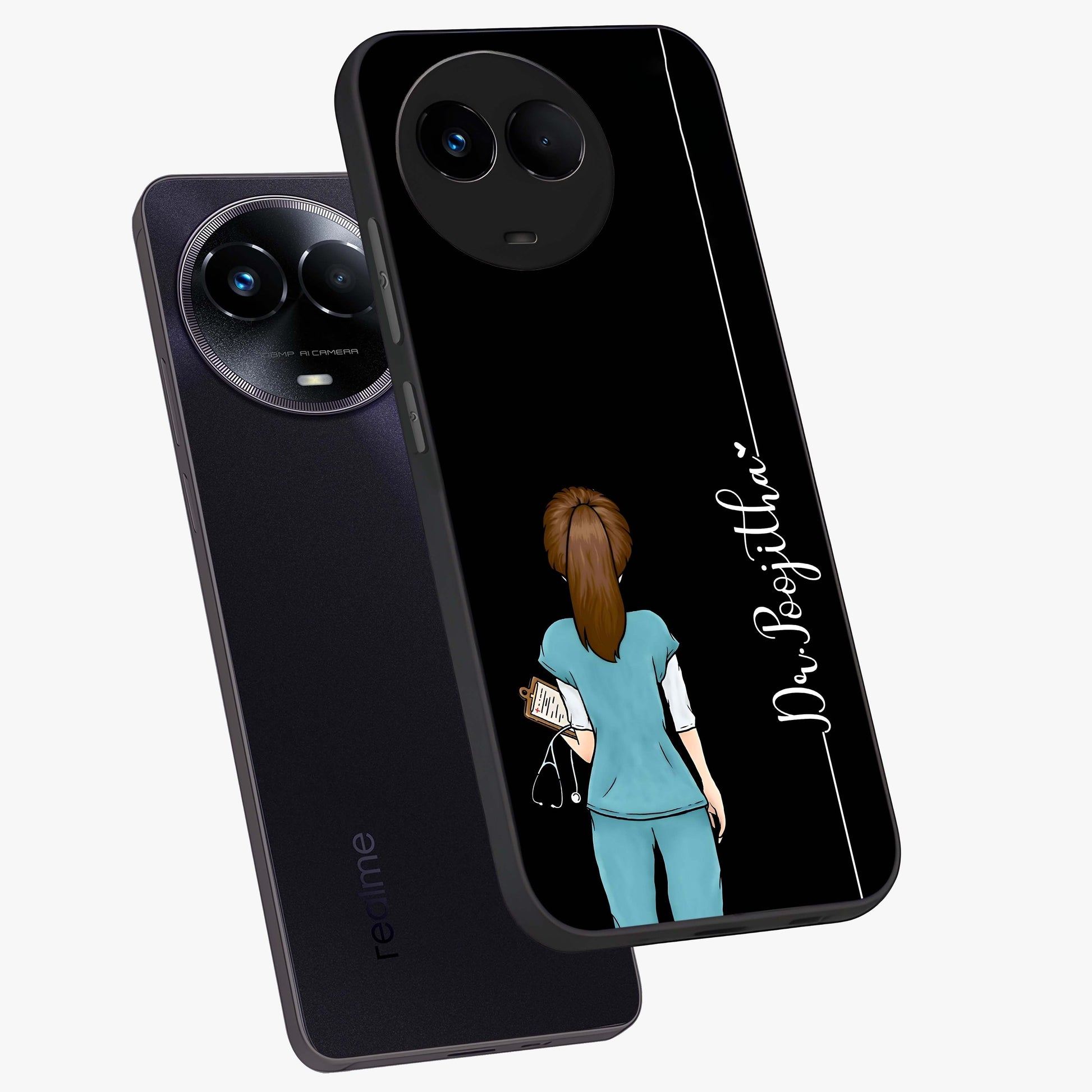 Doctor Pattern Custom Name Glass Case displayed in angled mockup highlighting doctor inspired artwork with custom name feature.