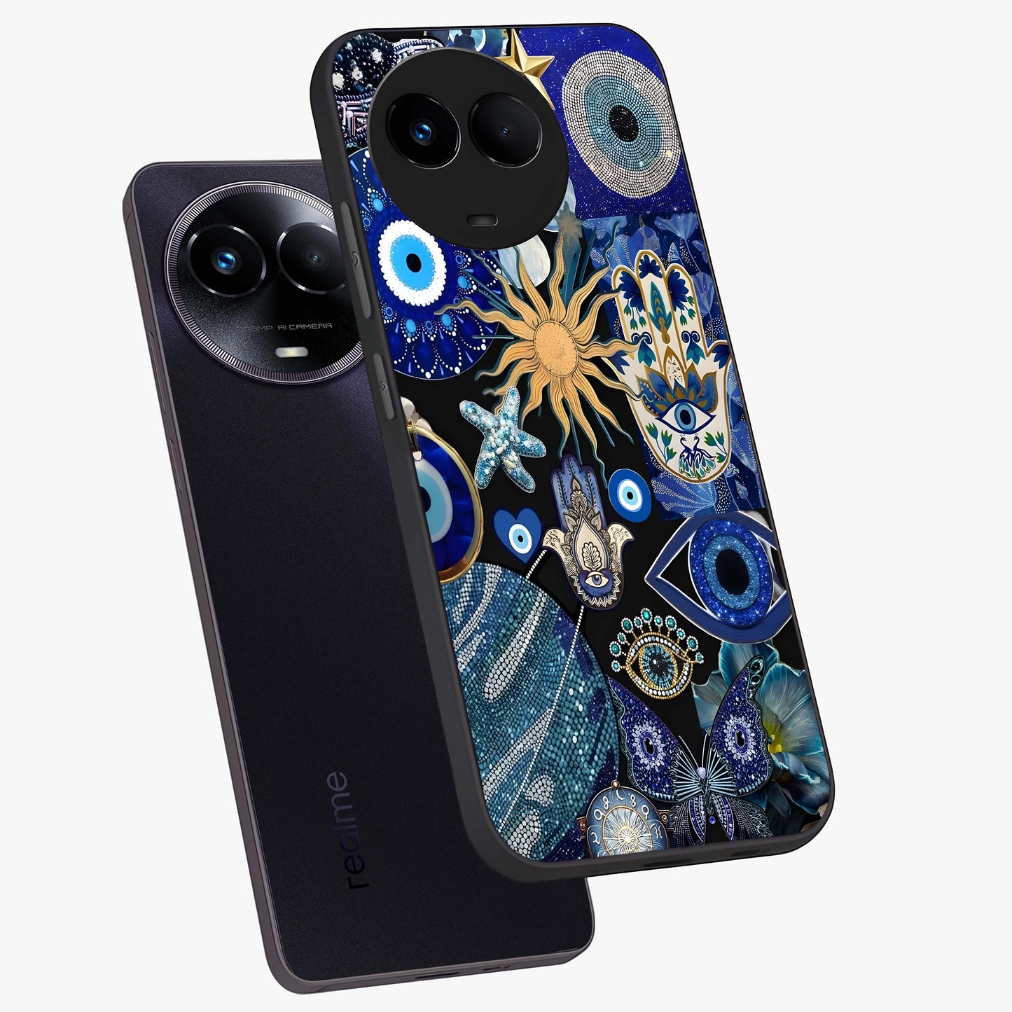 Evil Eye Charm Mix Glass Case displayed in angled mockup highlighting protective evil eye symbols with spiritual aesthetic design.