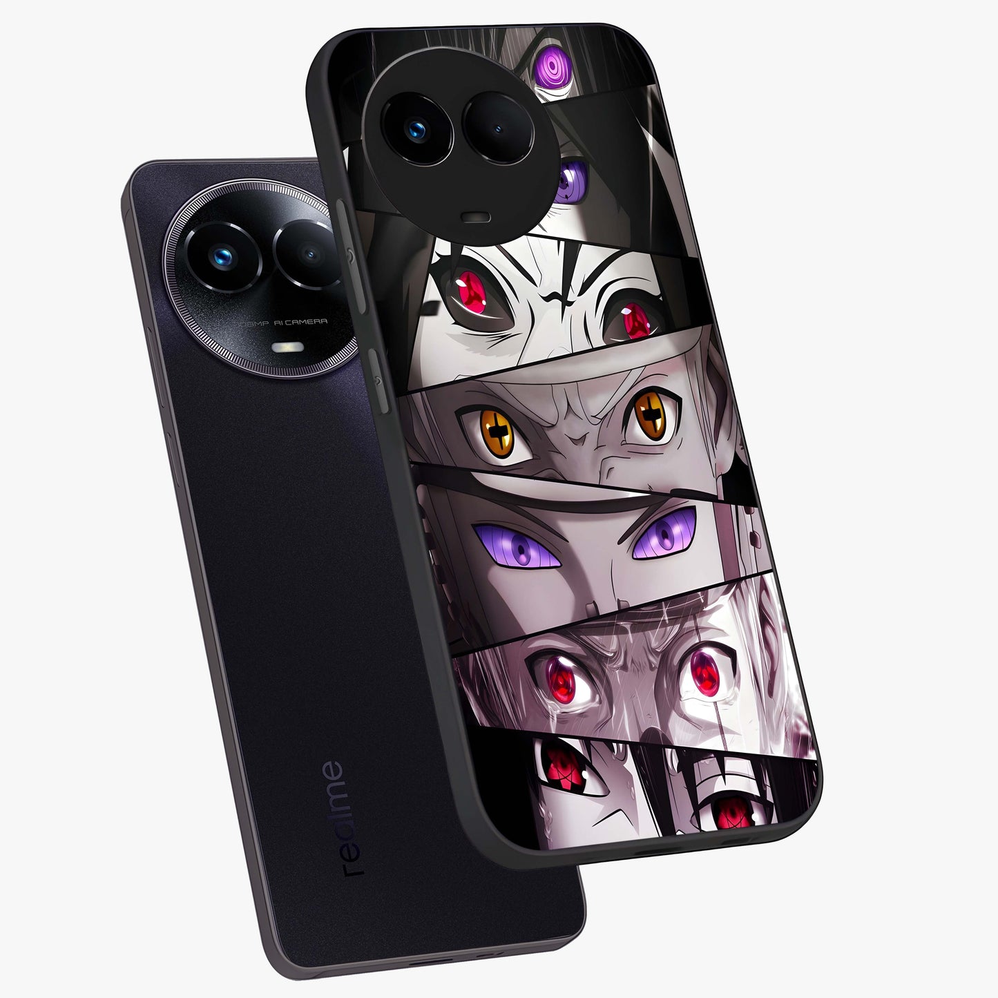 Eyes of Destiny Glass Case displayed in angled mockup highlighting bold eye illustration with mystical aesthetic style.