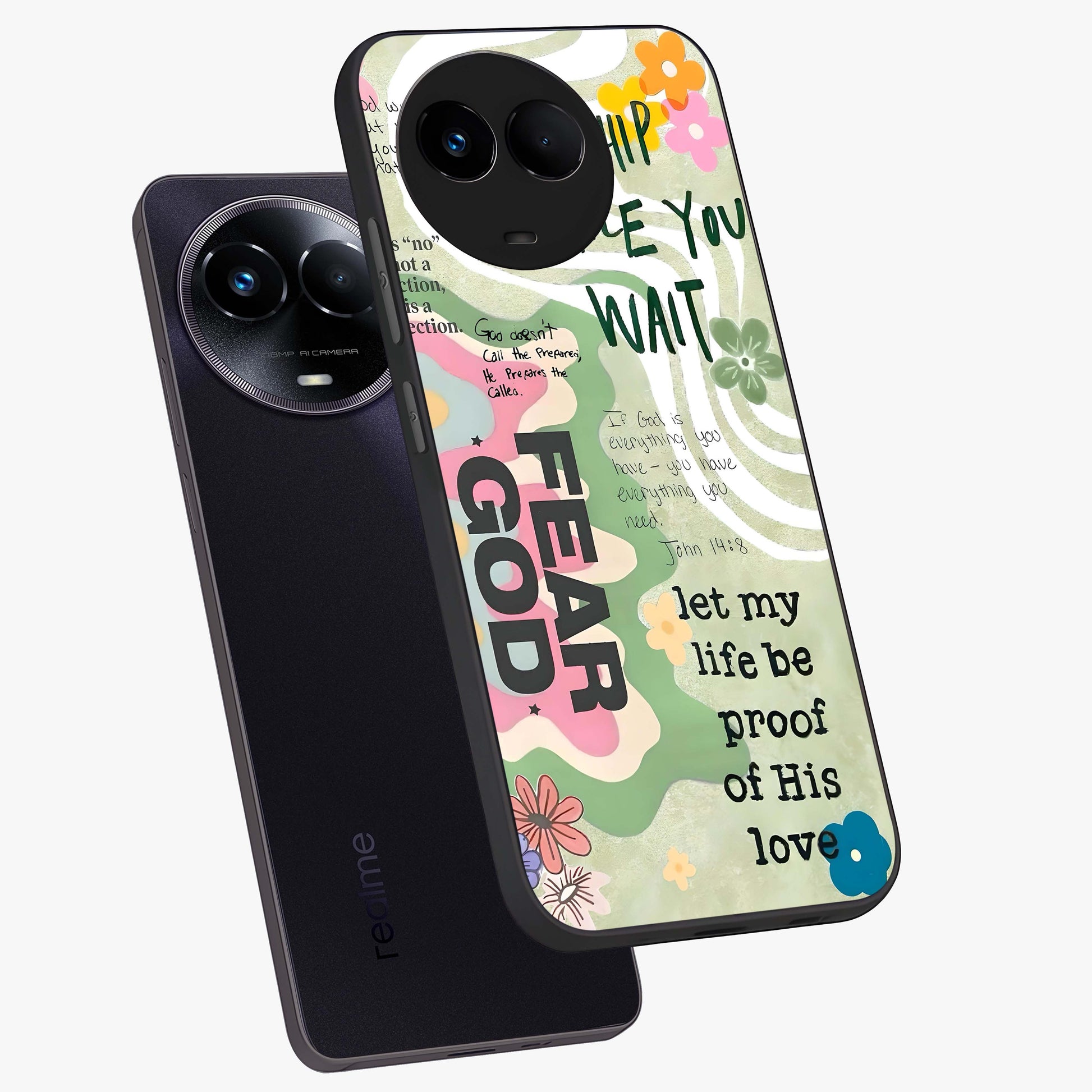 Faith Over Fear Glass Case displayed in angled mockup highlighting inspirational message design with modern aesthetic style.