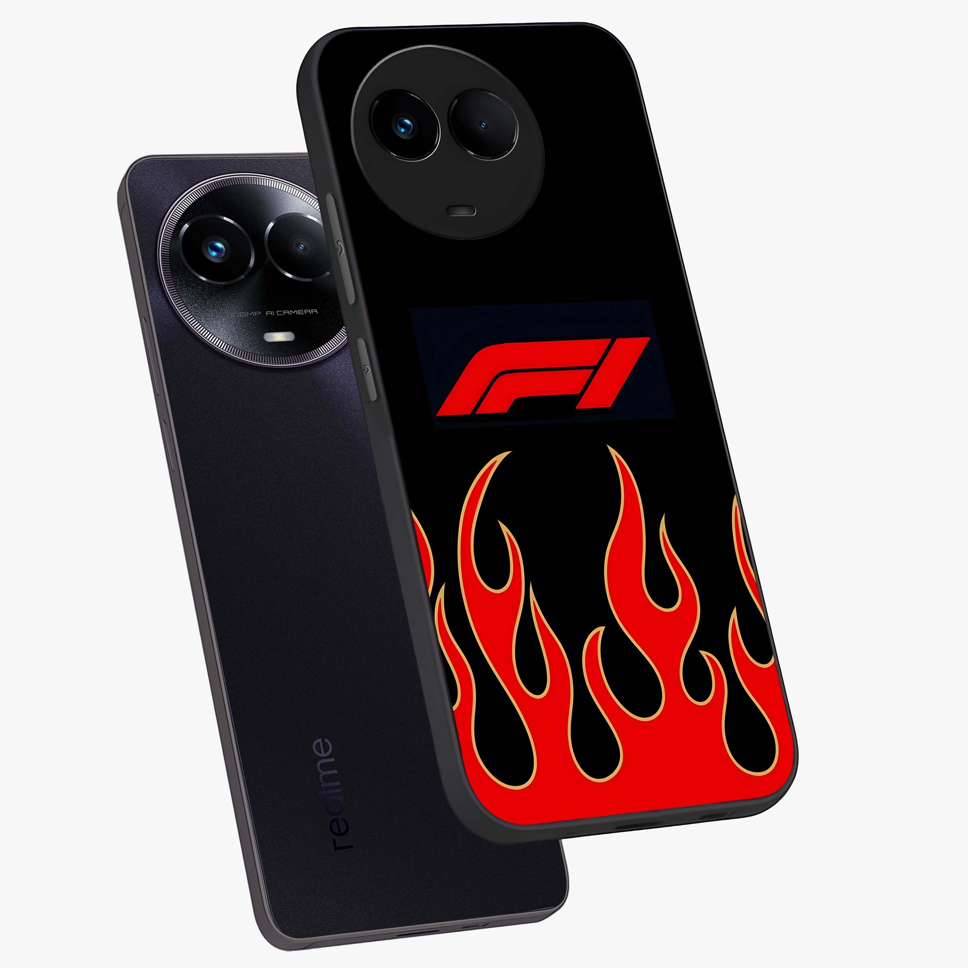Fire F11 Glass Case displayed in angled mockup highlighting bold fire inspired graphic with energetic aesthetic style.