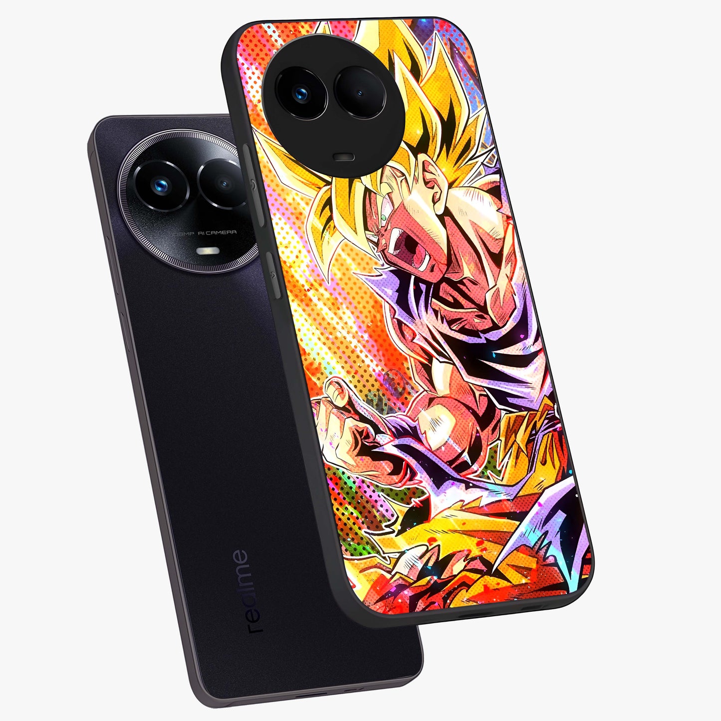 Firing Goku Glass Case displayed in angled mockup highlighting dynamic anime character design with action aesthetic.