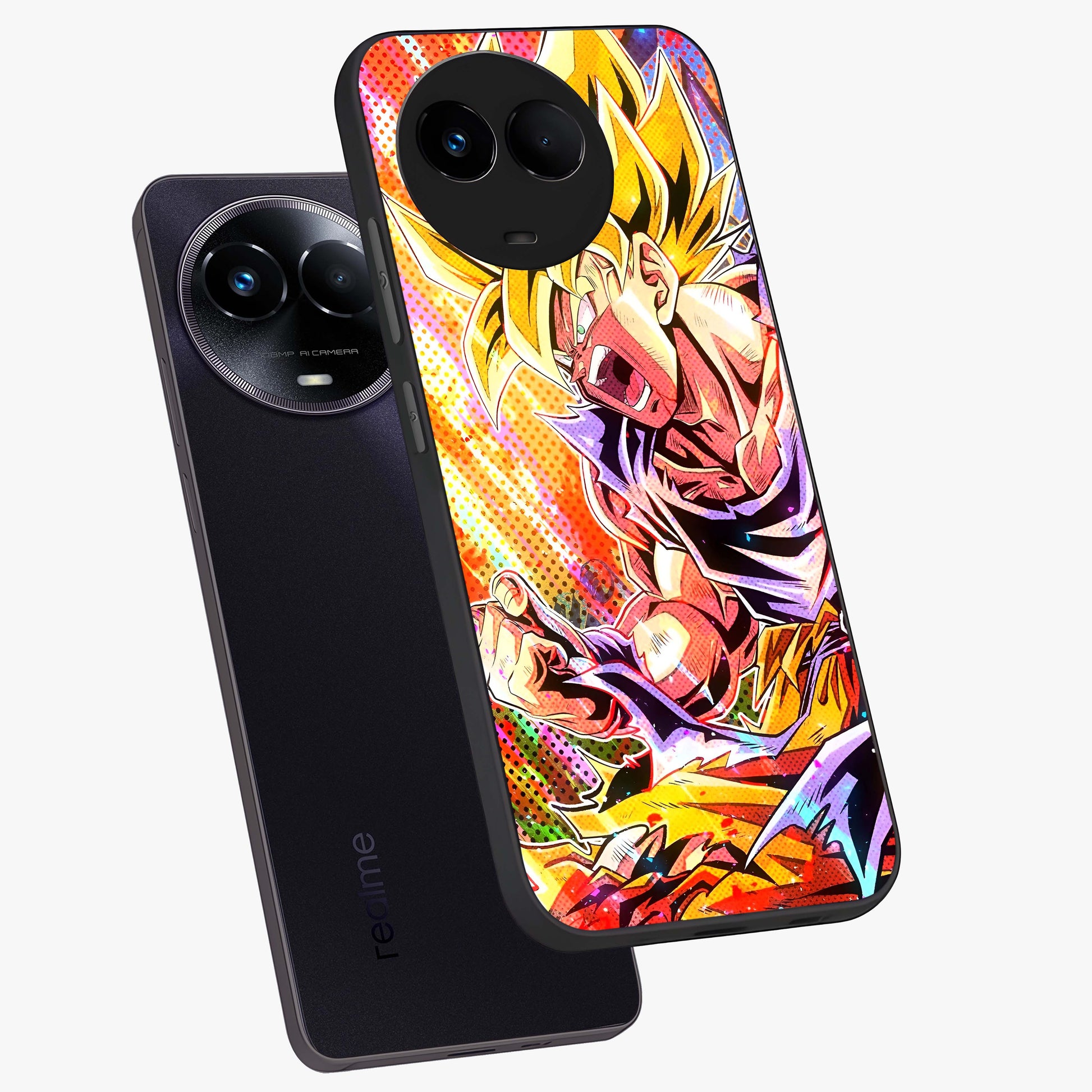 Firing Goku Glass Case displayed in angled mockup highlighting dynamic anime character design with action aesthetic.