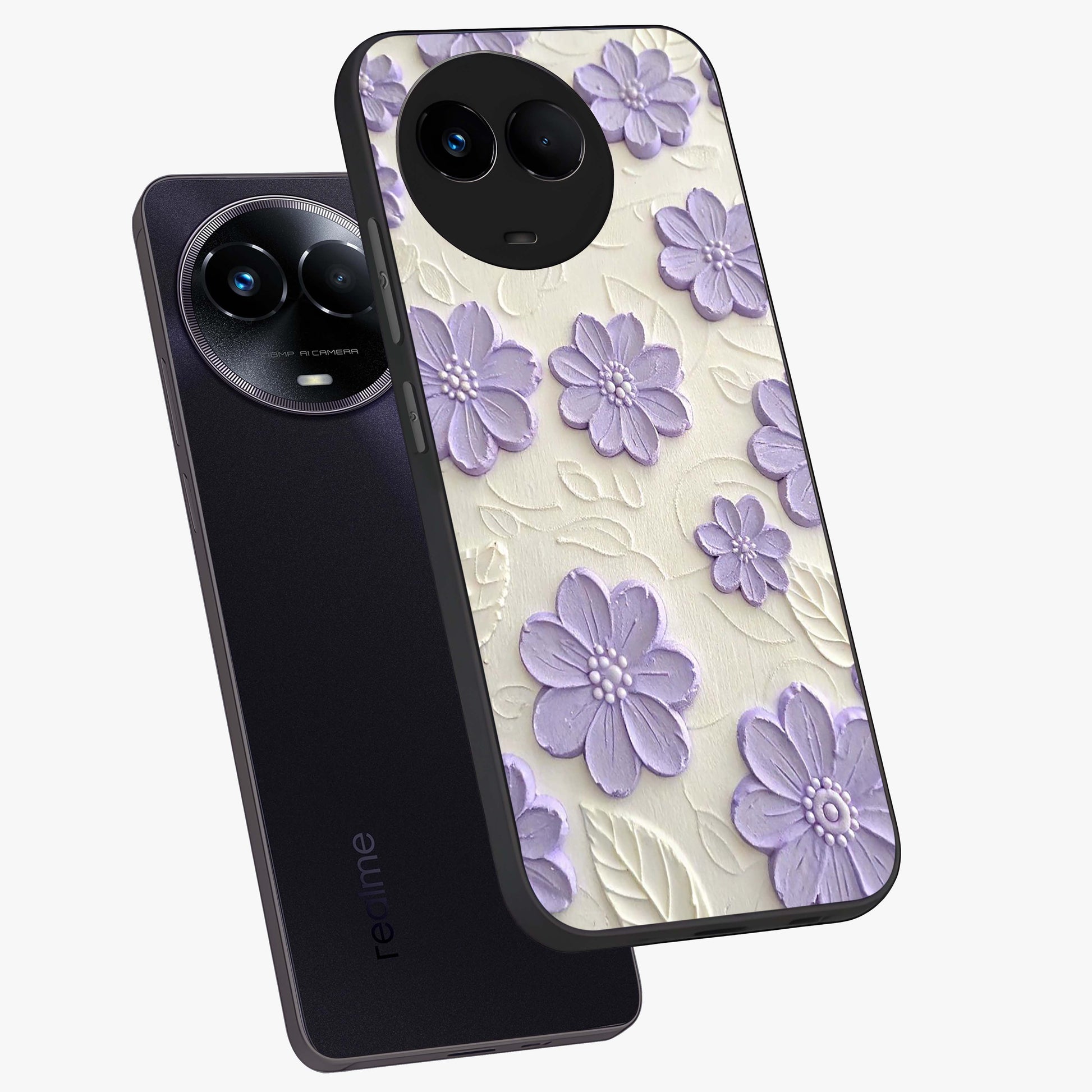 Floral Wall Art With Purple Flowers Glass Case displayed in angled mockup highlighting vibrant purple floral illustration with artistic aesthetic.