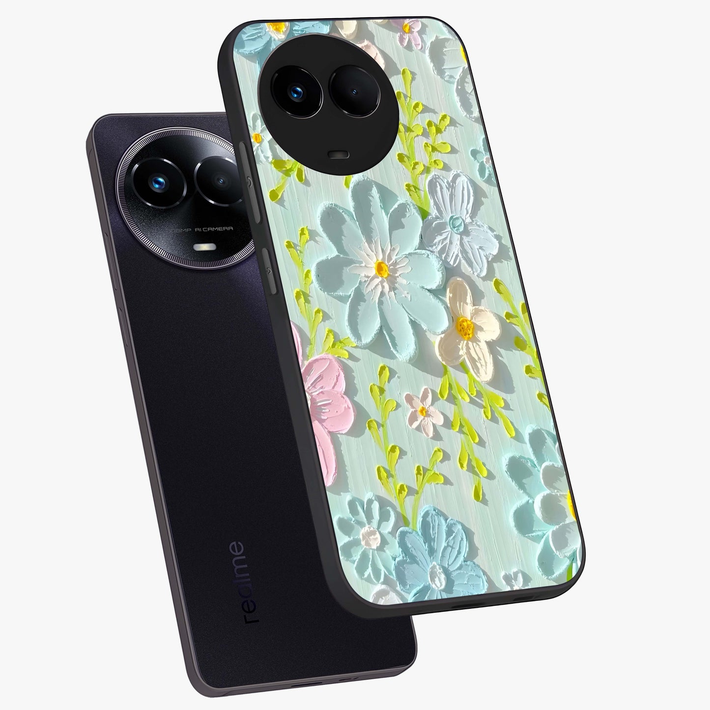 Frosted Petal Garden Glass Case displayed in angled mockup highlighting delicate flower petal design with calm garden aesthetic.