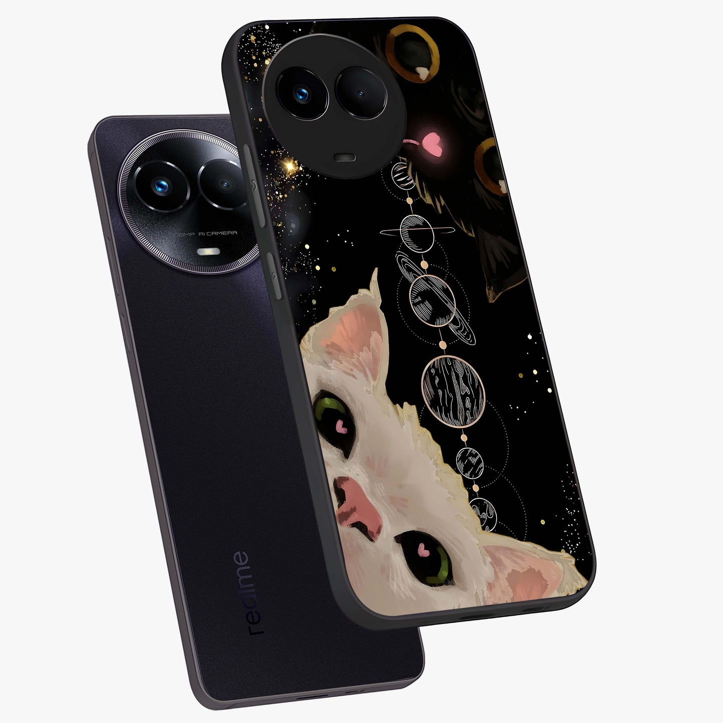 Galactic Cat Glass Case displayed in angled mockup highlighting celestial feline illustration with galaxy aesthetic style.
