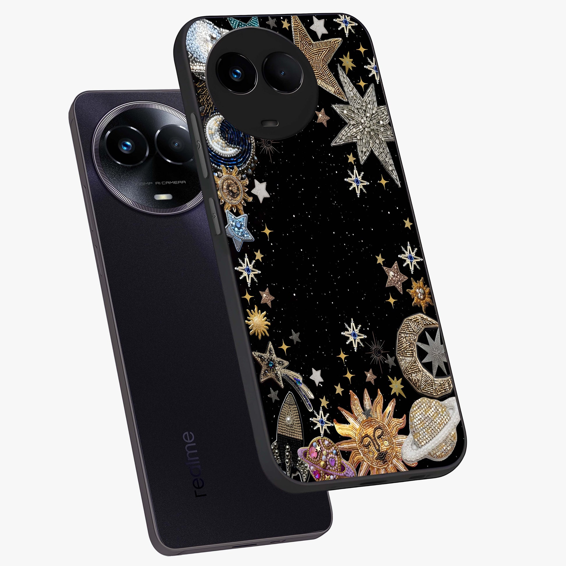 Galactic Jewel Stars Glass Case displayed in angled mockup highlighting shining celestial star design with cosmic aesthetic style.