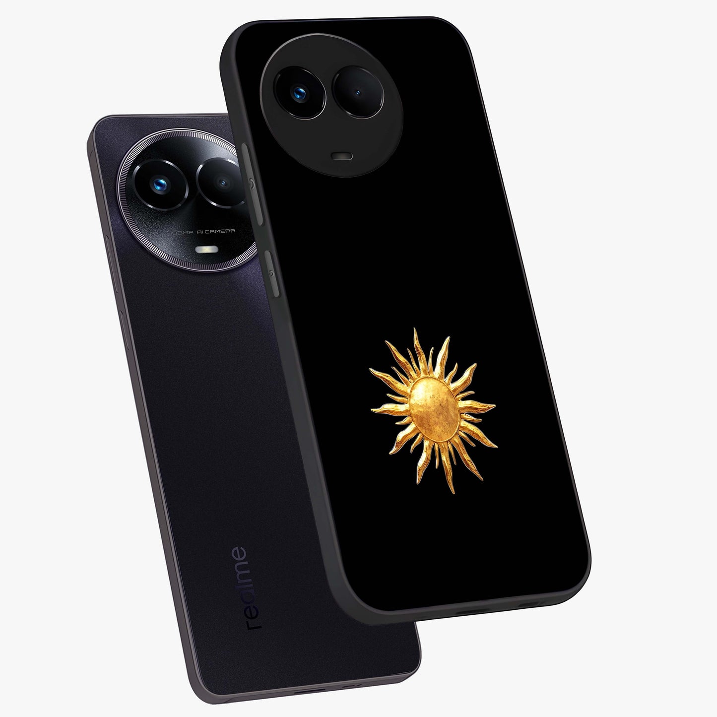 Golden Sun Minimalism Glass Case displayed in angled mockup highlighting eerie shadow illustration with gothic aesthetic.