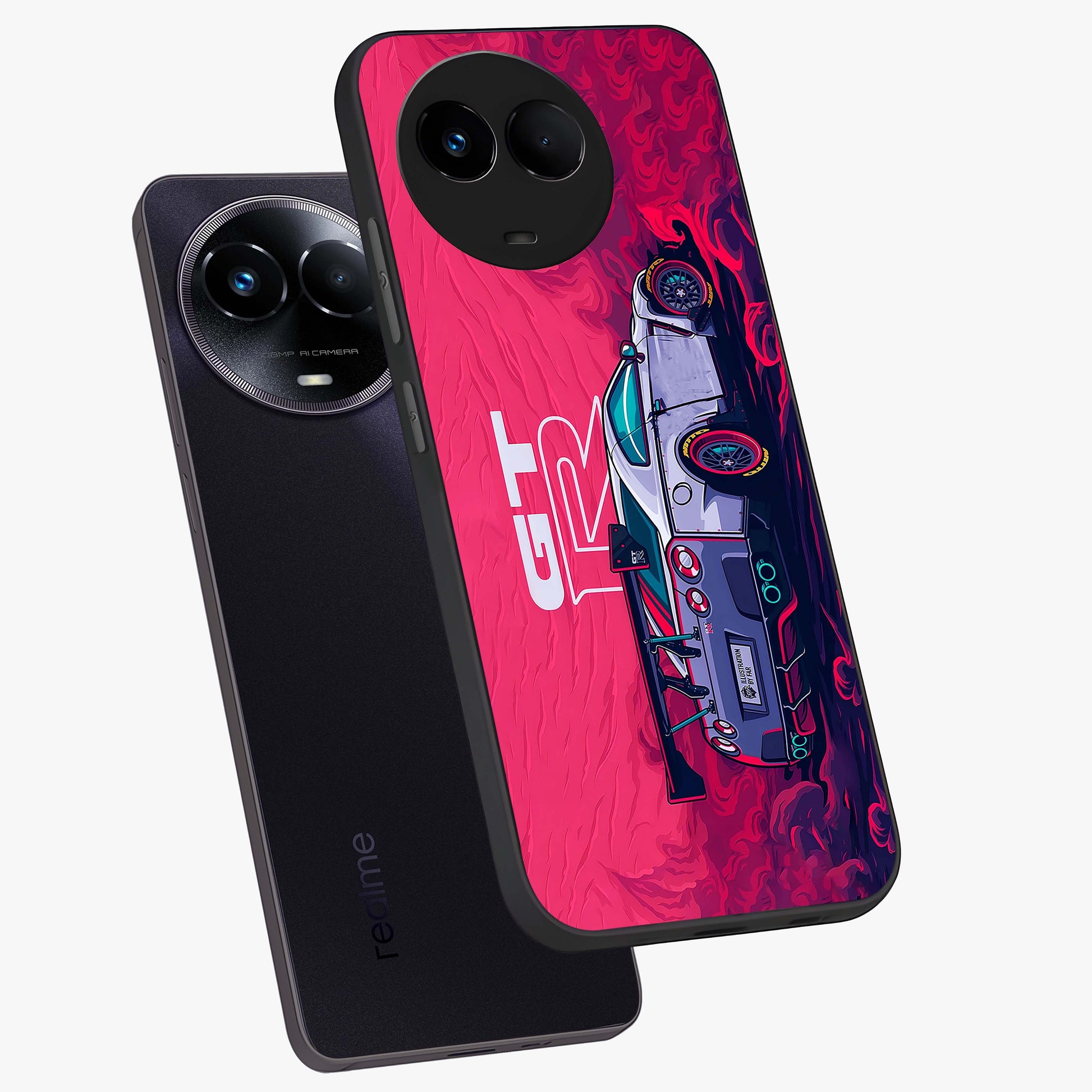 GT-R Car Pattern Glass Case displayed in angled mockup highlighting racing car graphic design with bold automotive aesthetic.