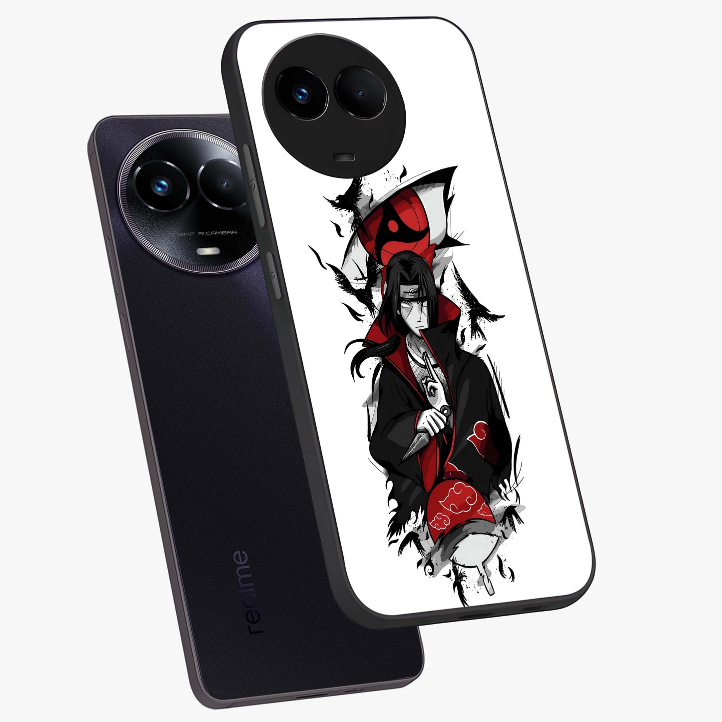 Itachi Limited Edition Naruto Anime Glass Case displayed in angled mockup highlighting dramatic anime illustration with bold action aesthetic.