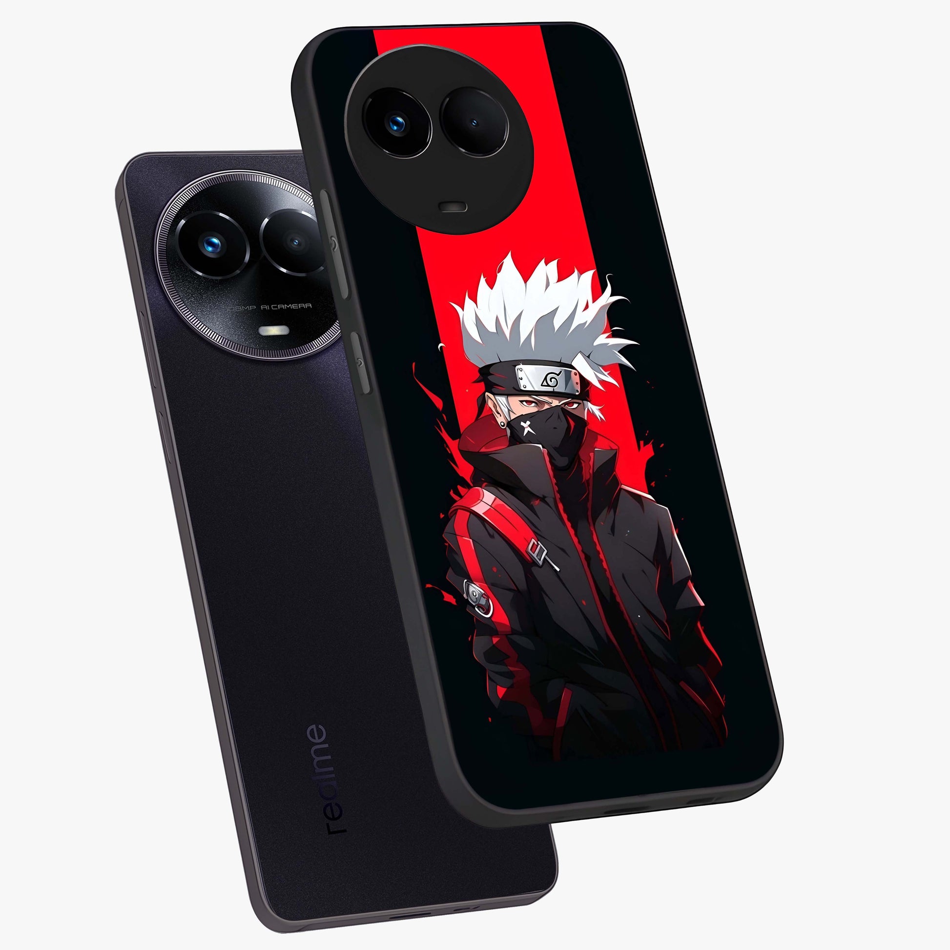 Kakashi Scarlet Shadow Glass Case displayed in angled mockup highlighting dramatic ninja illustration with scarlet themed aesthetic.