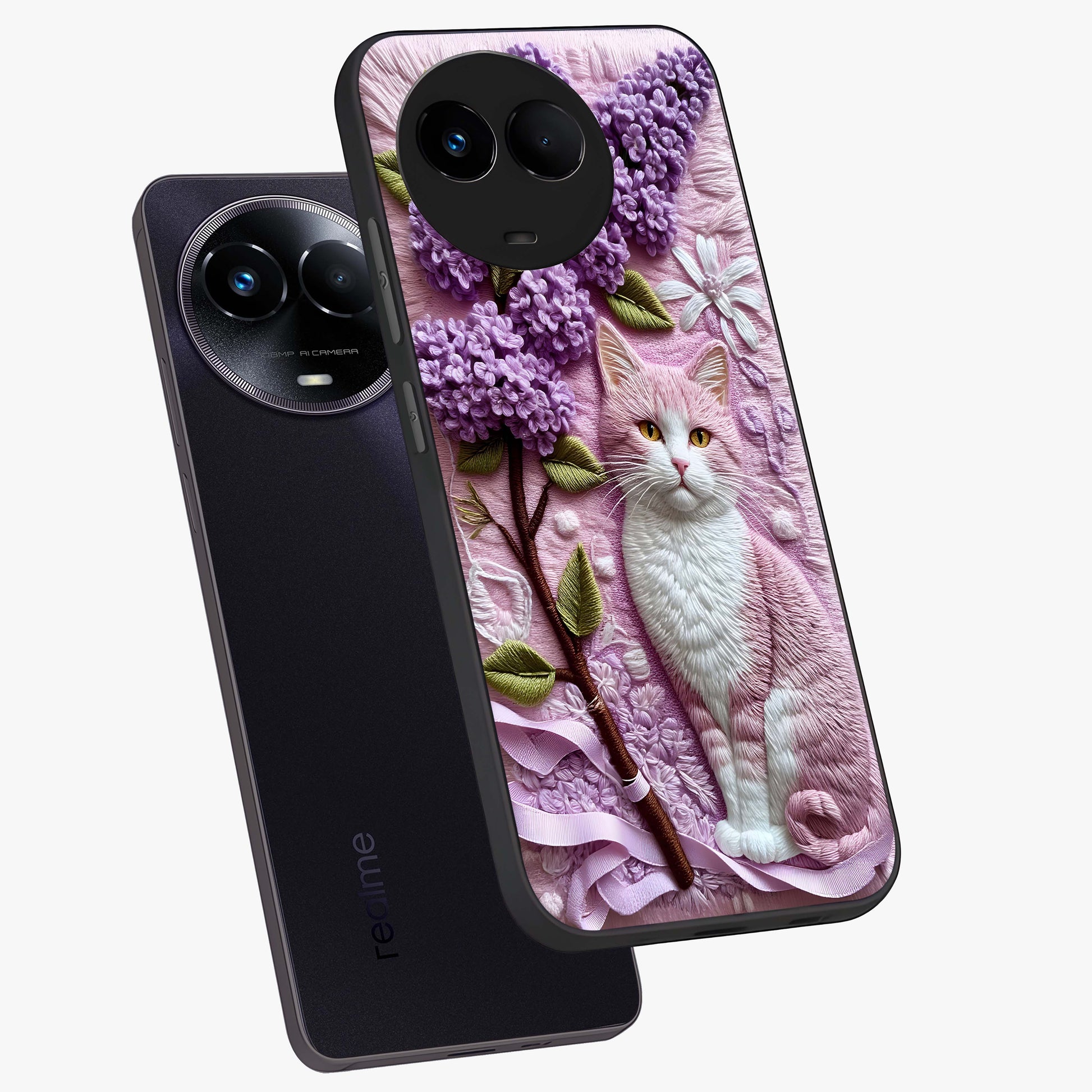 Lavender Cat Whimsy Glass Case displayed in angled mockup highlighting playful feline illustration with pastel lavender aesthetic.