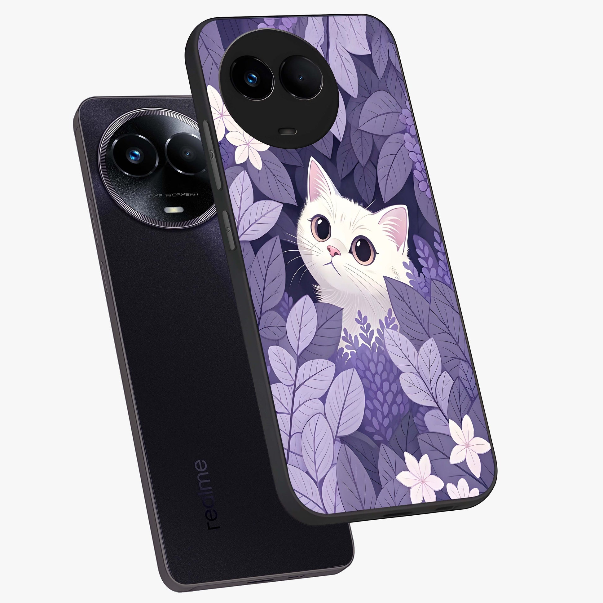 Lilac Hide Peek Cat Glass Case displayed in angled mockup highlighting playful feline illustration with lilac aesthetic design.