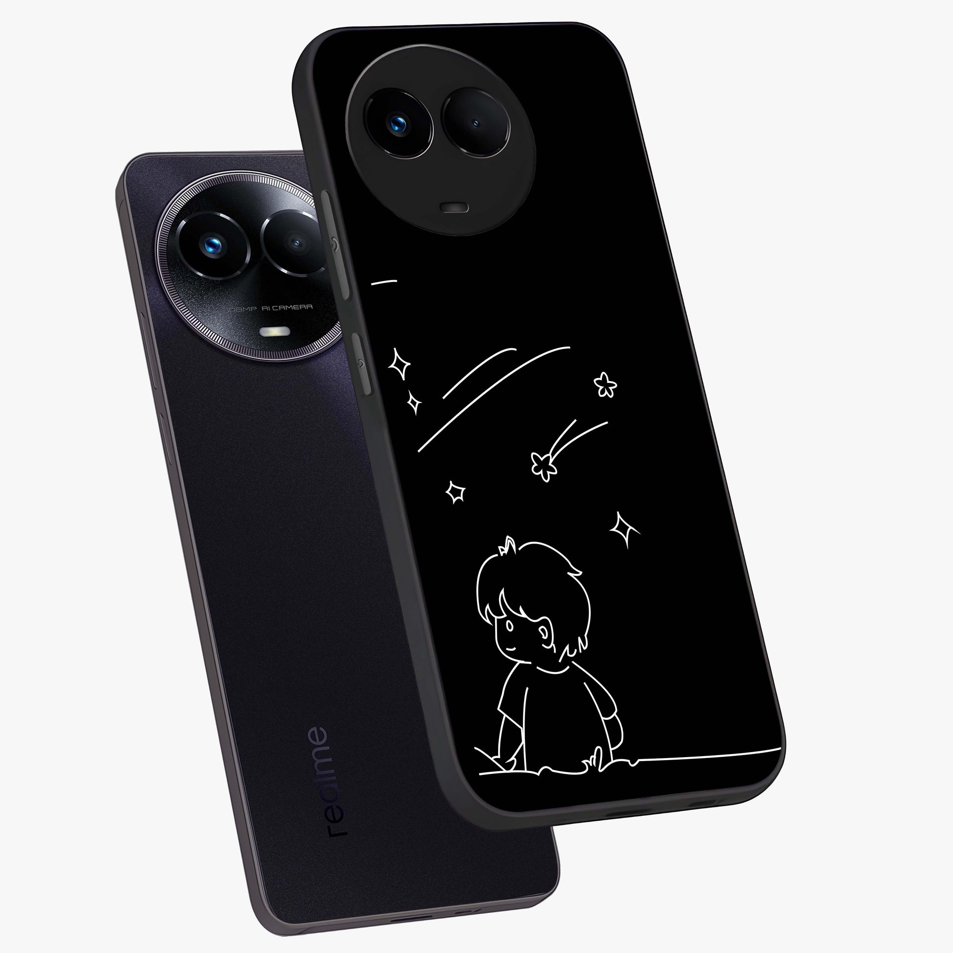 Line Art Boy With Shooting Stars Glass Case displayed in angled mockup highlighting elegant line art design with dreamy star aesthetic.