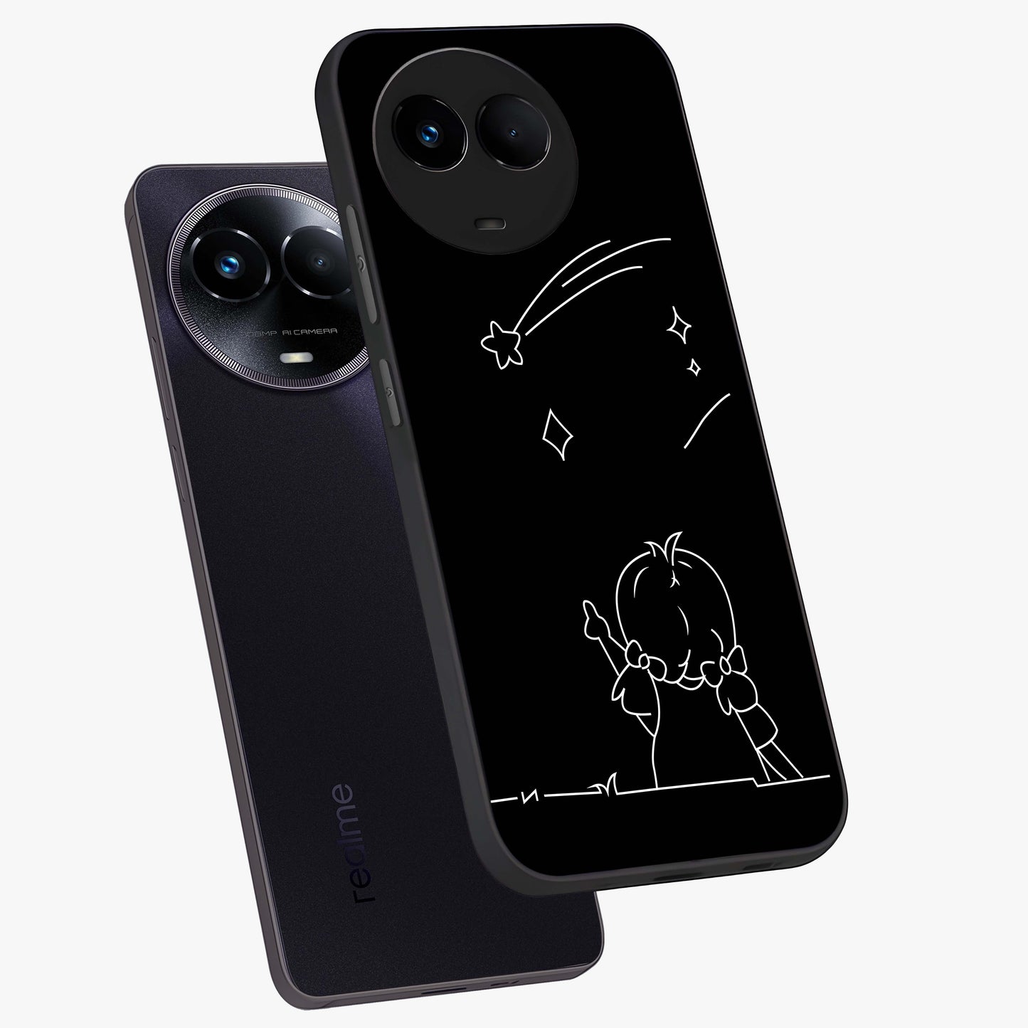 Line Art Girl With Shooting Stars Glass Case displayed in angled mockup highlighting elegant line art design with dreamy star aesthetic.