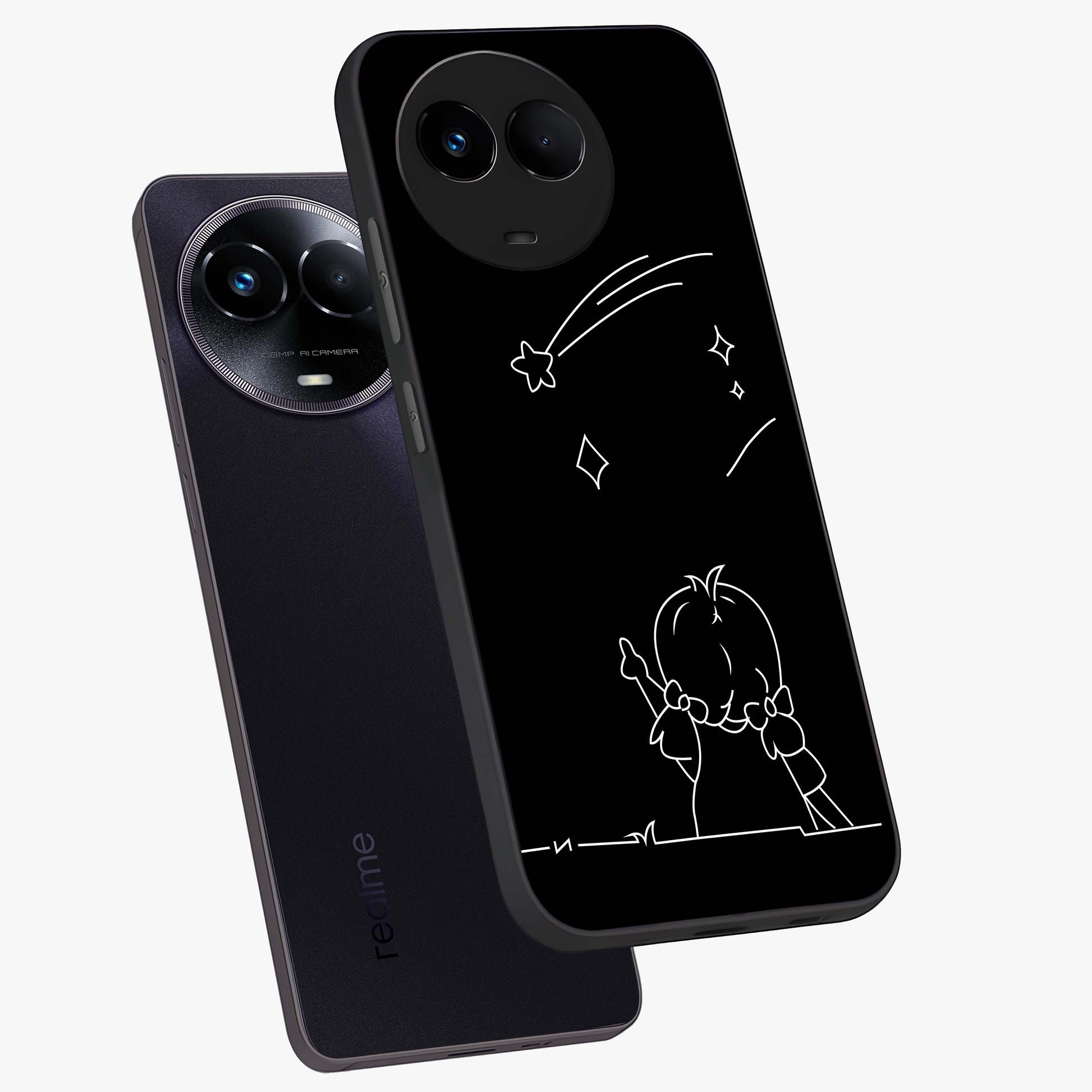 Line Art Girl With Shooting Stars Glass Case displayed in angled mockup highlighting elegant line art design with dreamy star aesthetic.