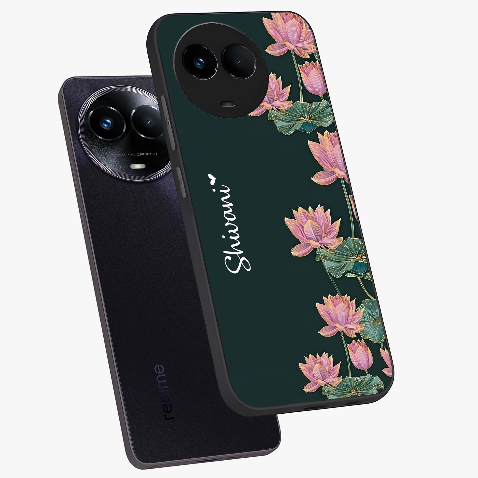 Lotus Bloom Serenity Custom Name Glass Case displayed in angled mockup highlighting graceful lotus illustration with custom name feature.
