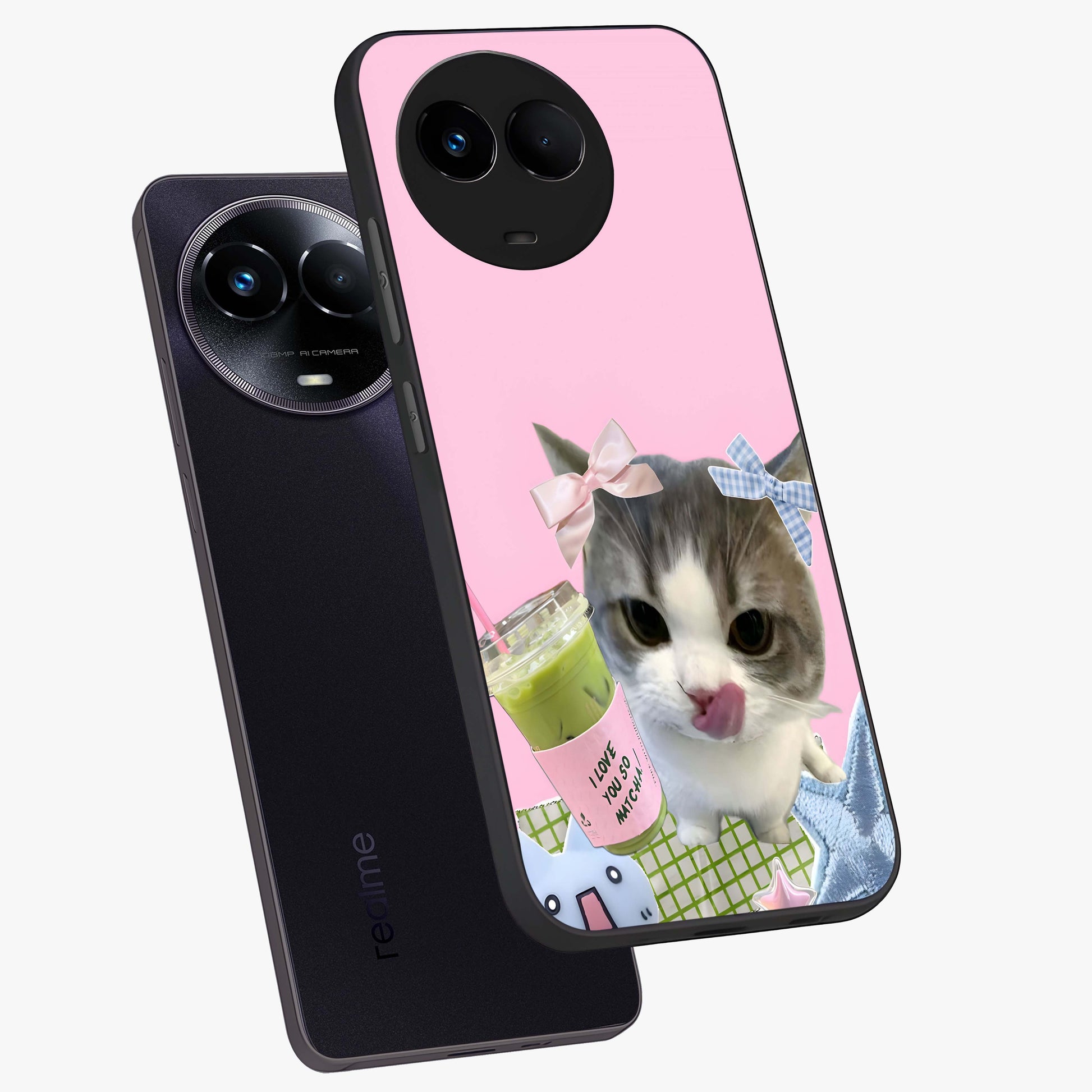 Love Matcha Cat Glass Case displayed in angled mockup highlighting playful feline illustration with cozy matcha aesthetic.