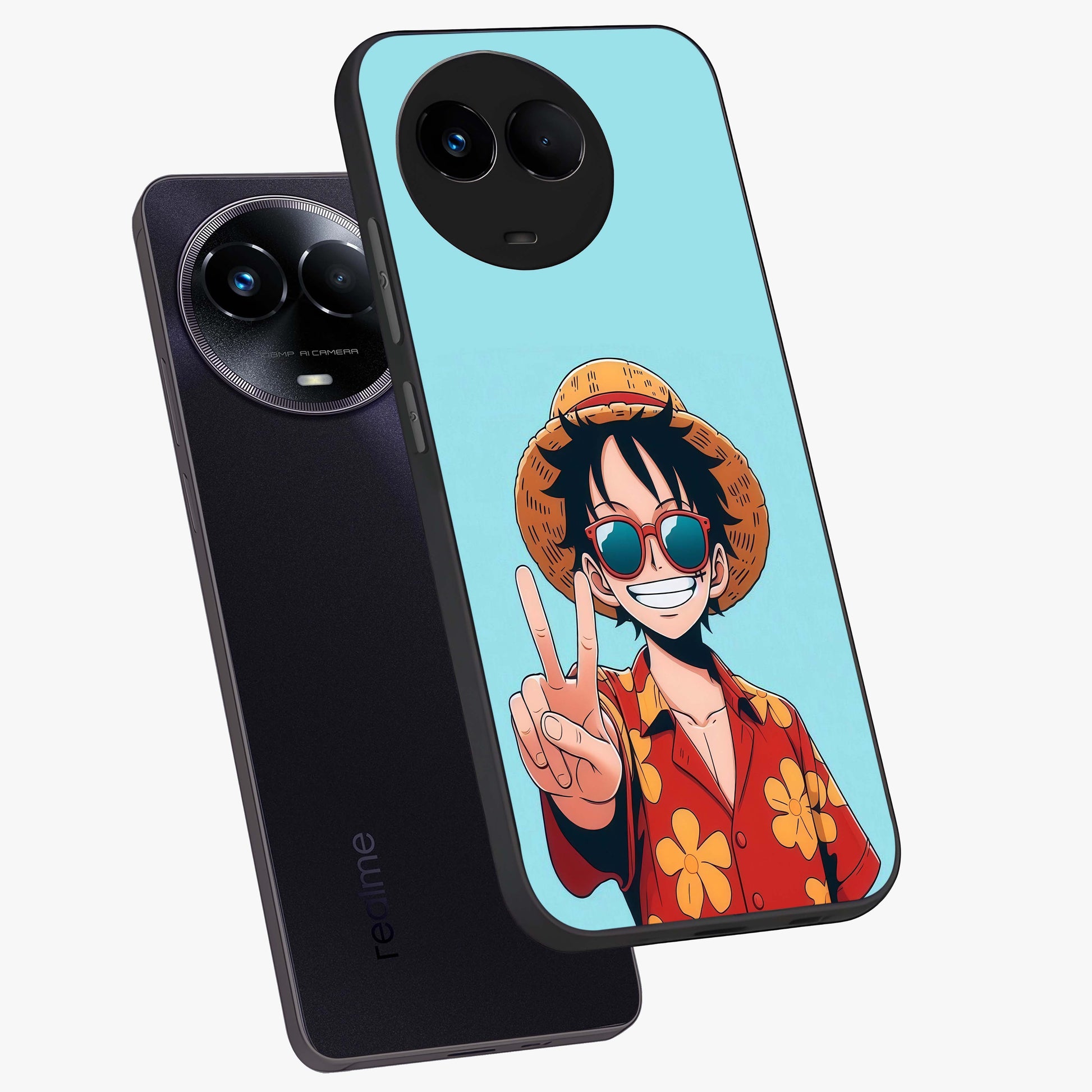 Luffy Summer Anime Vibe Glass Case displayed in angled mockup highlighting energetic anime illustration with summer vibe aesthetic.