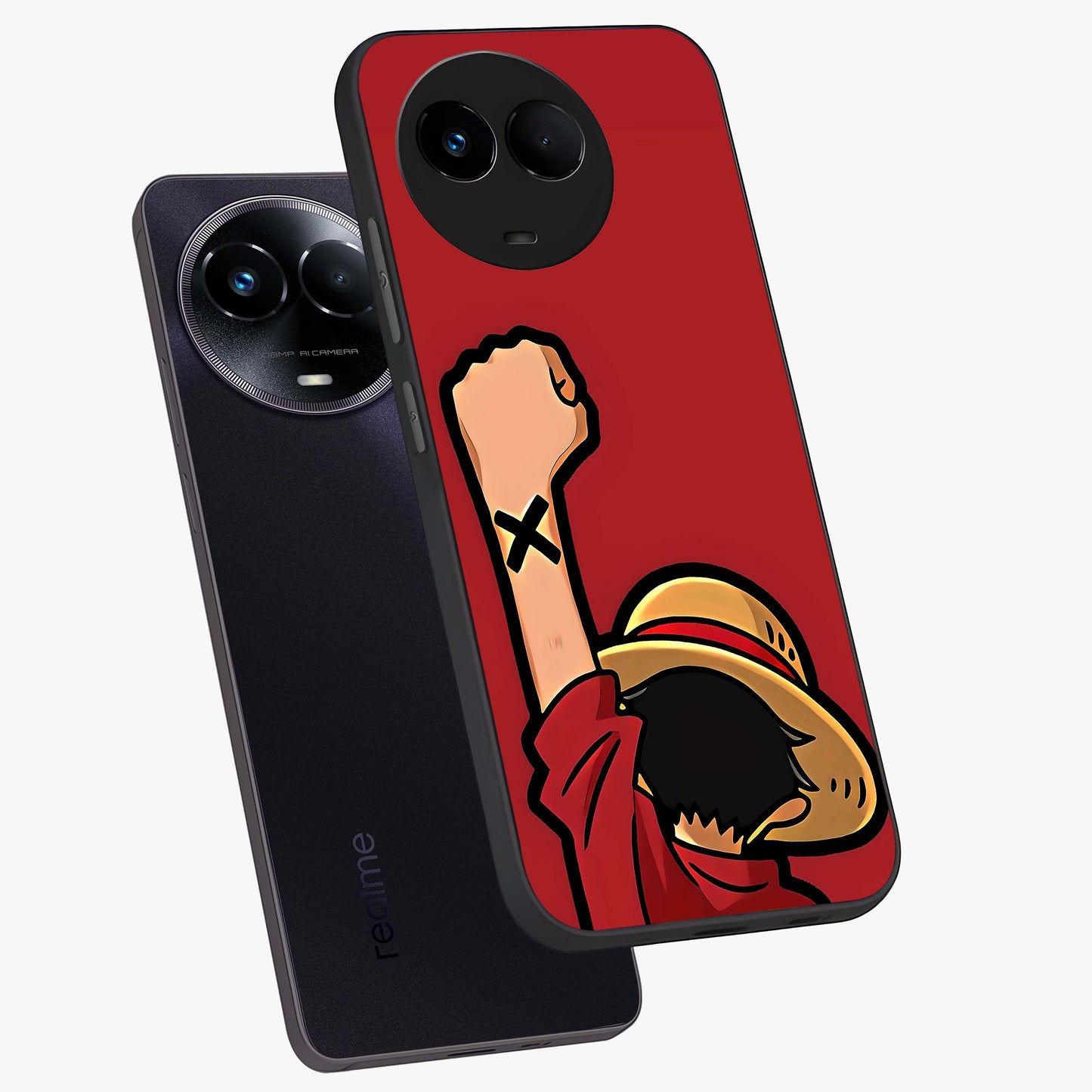 Luffy X Spirit Glass Case displayed in angled mockup highlighting powerful anime design with energetic action aesthetic.