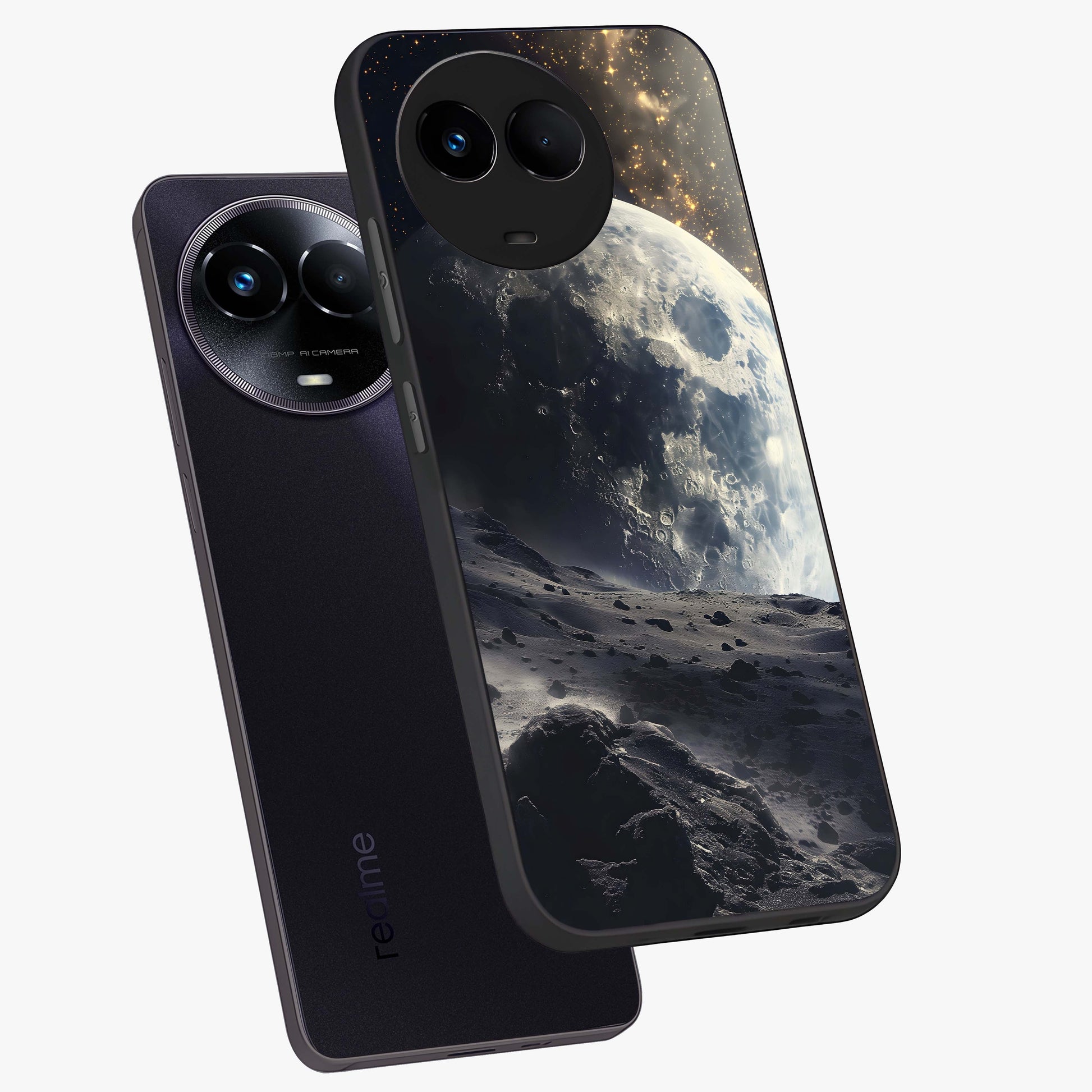 Lunar Horizon Glow Glass Case displayed in angled mockup highlighting celestial moon design with dreamy night aesthetic.