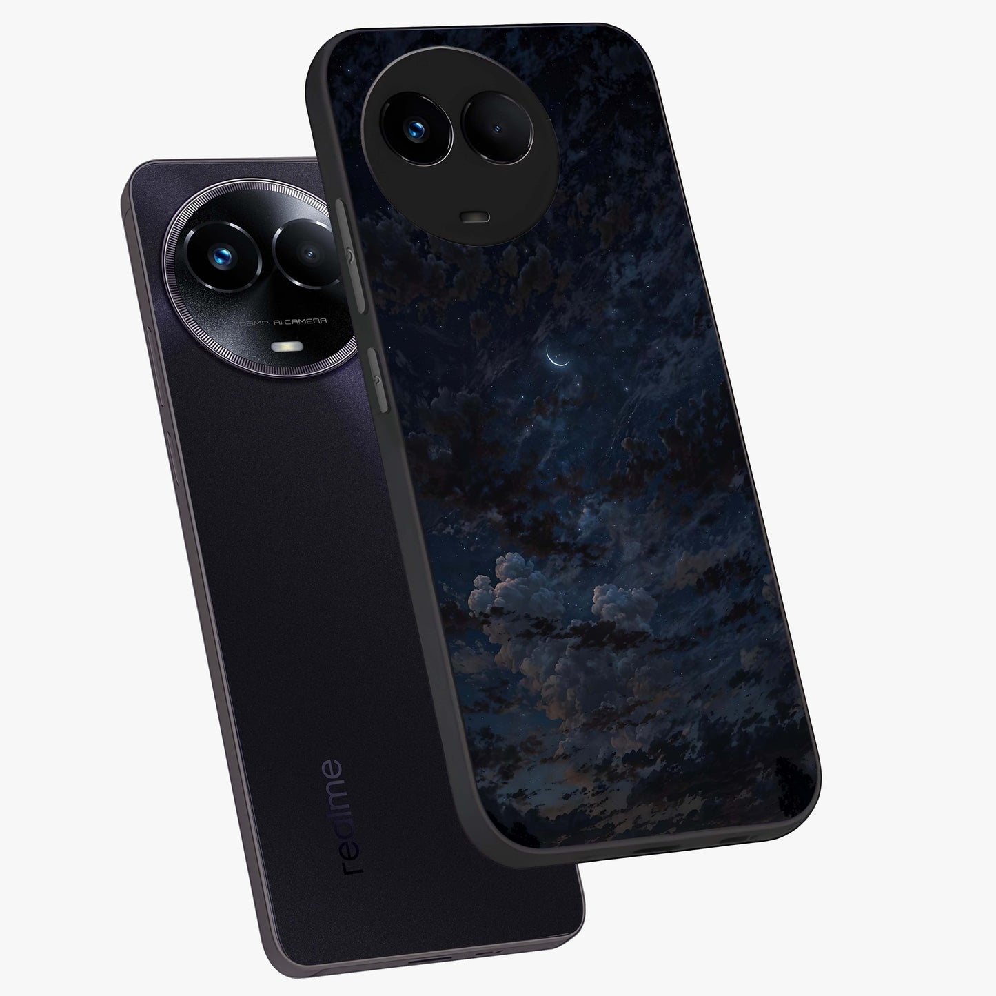 Lunar Veil Silence Glass Case displayed in angled mockup highlighting soft lunar design with peaceful celestial aesthetic.