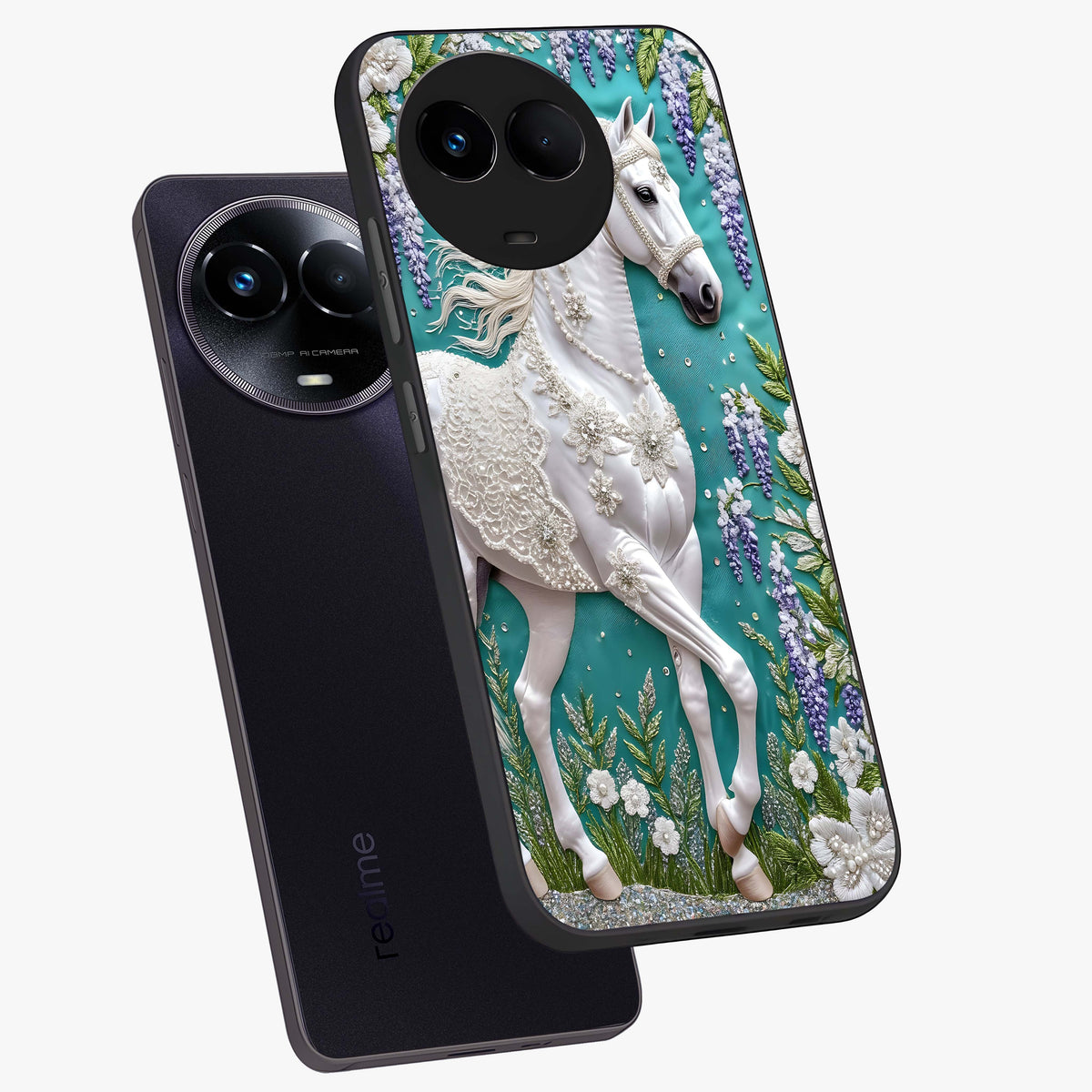 Majestic Floral Stallion Glass Case displayed in angled mockup highlighting majestic stallion illustration with elegant floral aesthetic.