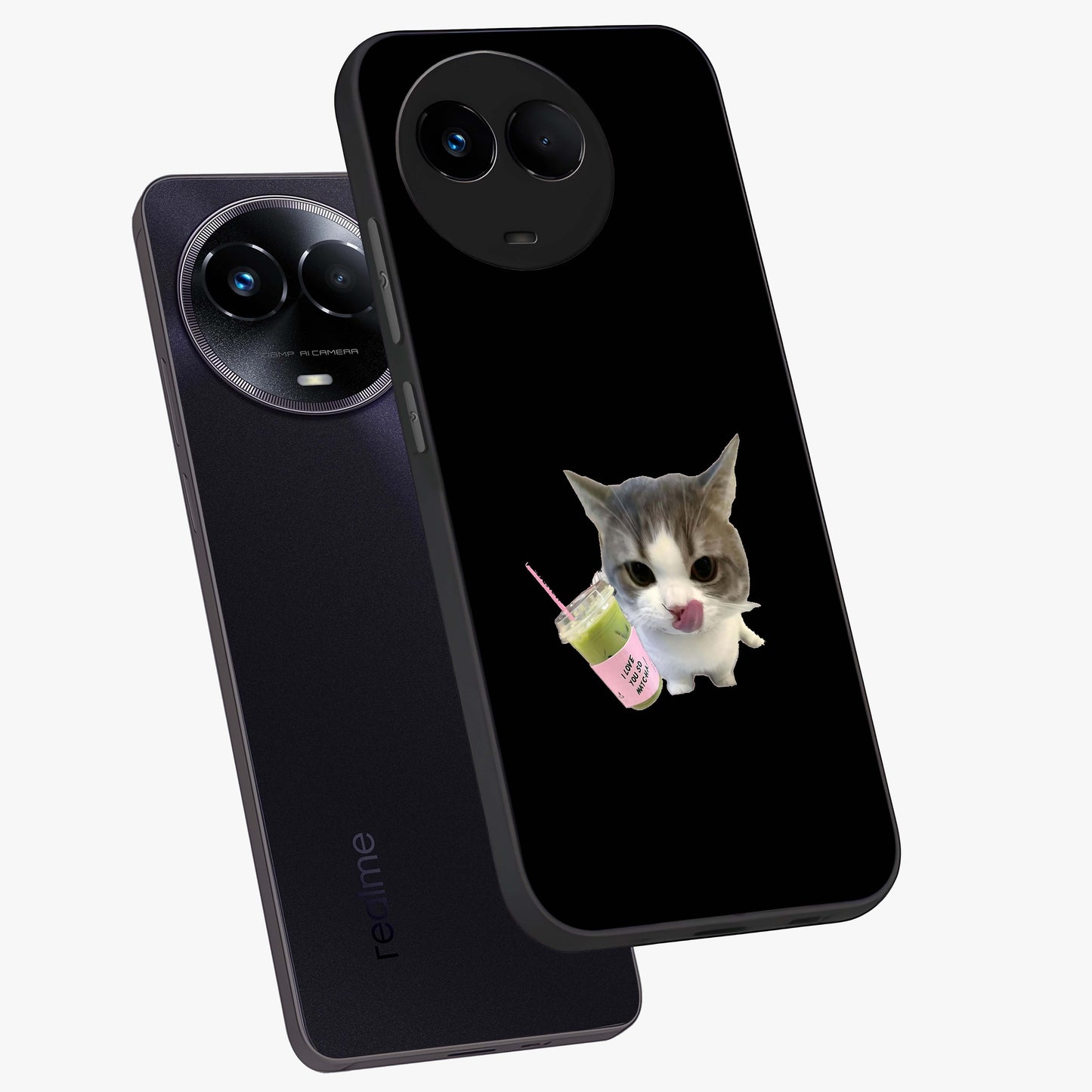 Matcha Cat Style Glass Case displayed in angled mockup highlighting playful feline design with pastel matcha aesthetic.
