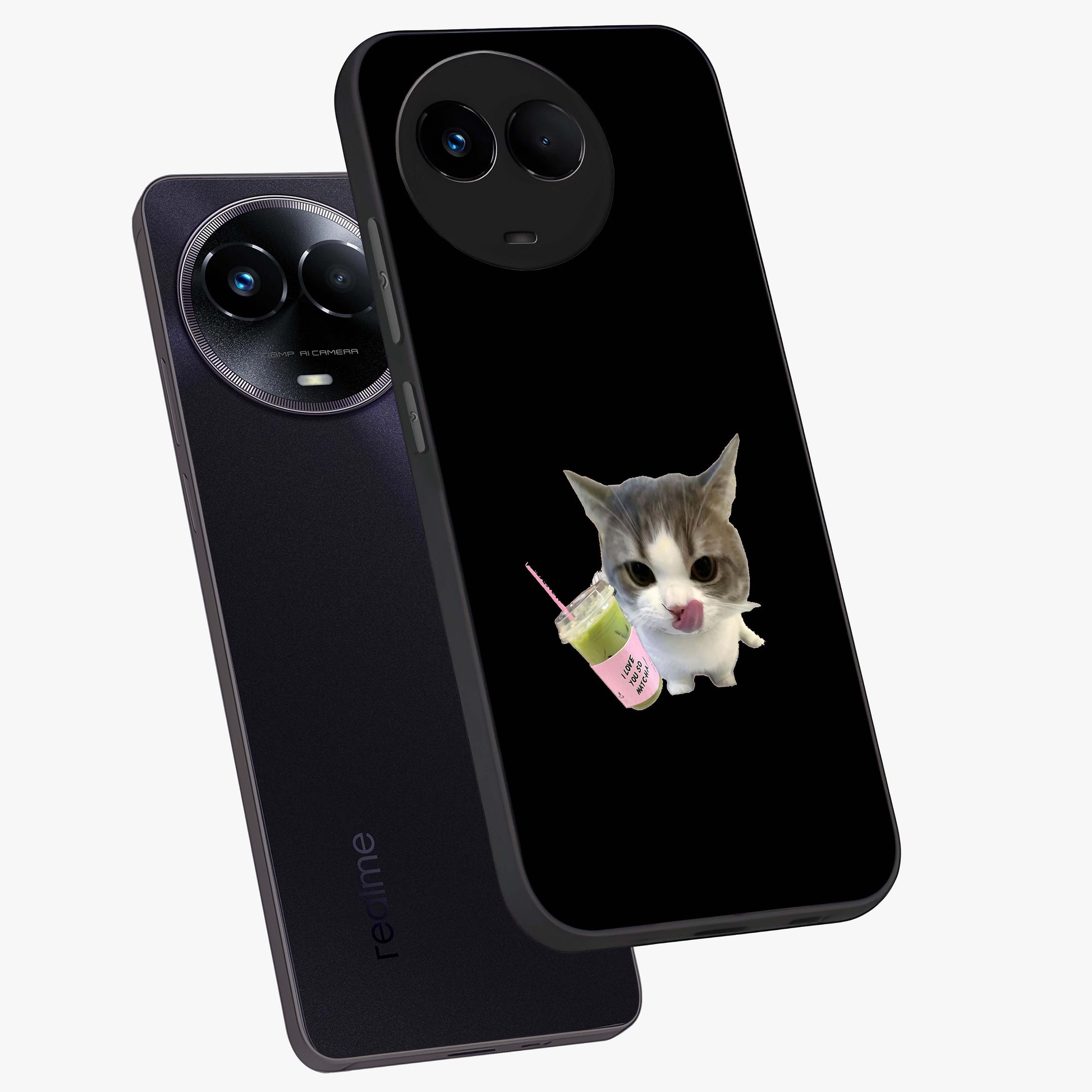 Matcha Cat Style Glass Case displayed in angled mockup highlighting playful feline design with pastel matcha aesthetic.