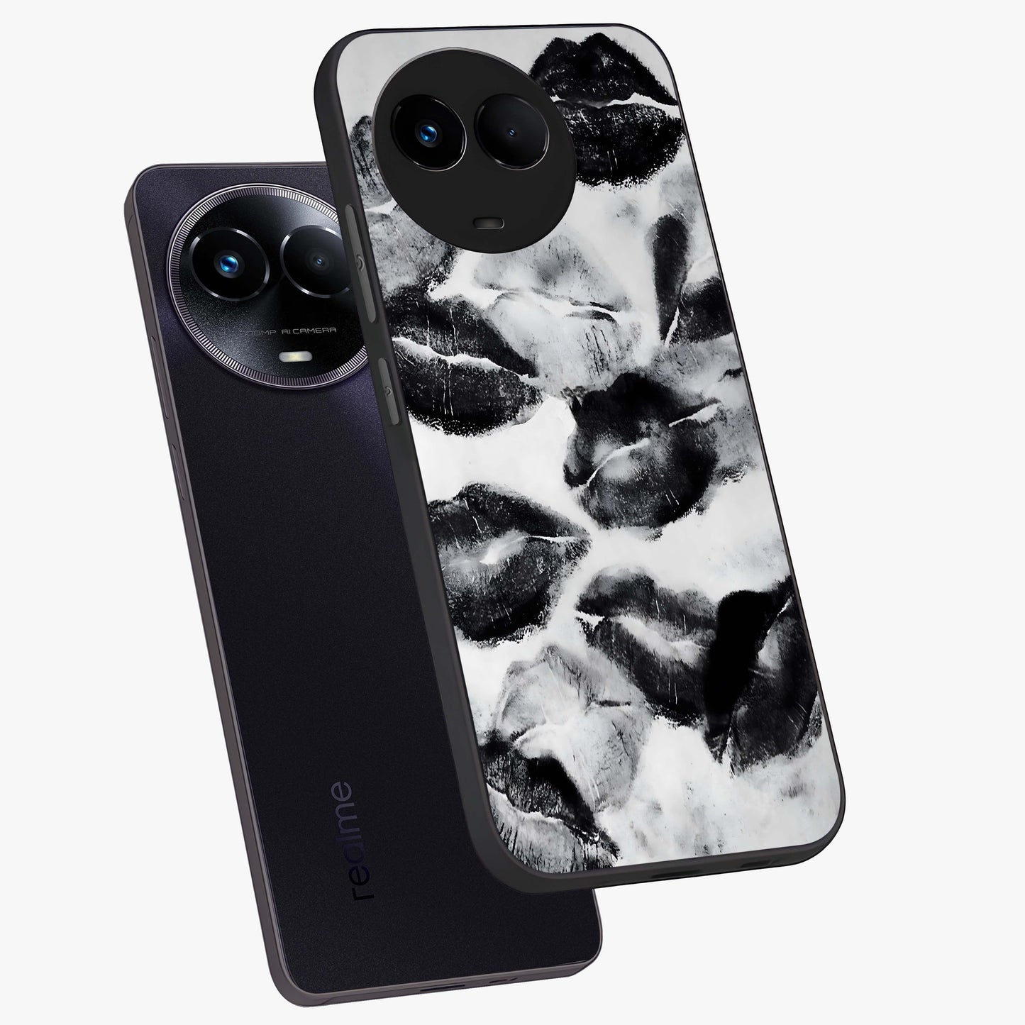 Midnight Kiss Marks Glass Case displayed in angled mockup highlighting playful romantic design with bold midnight aesthetic.