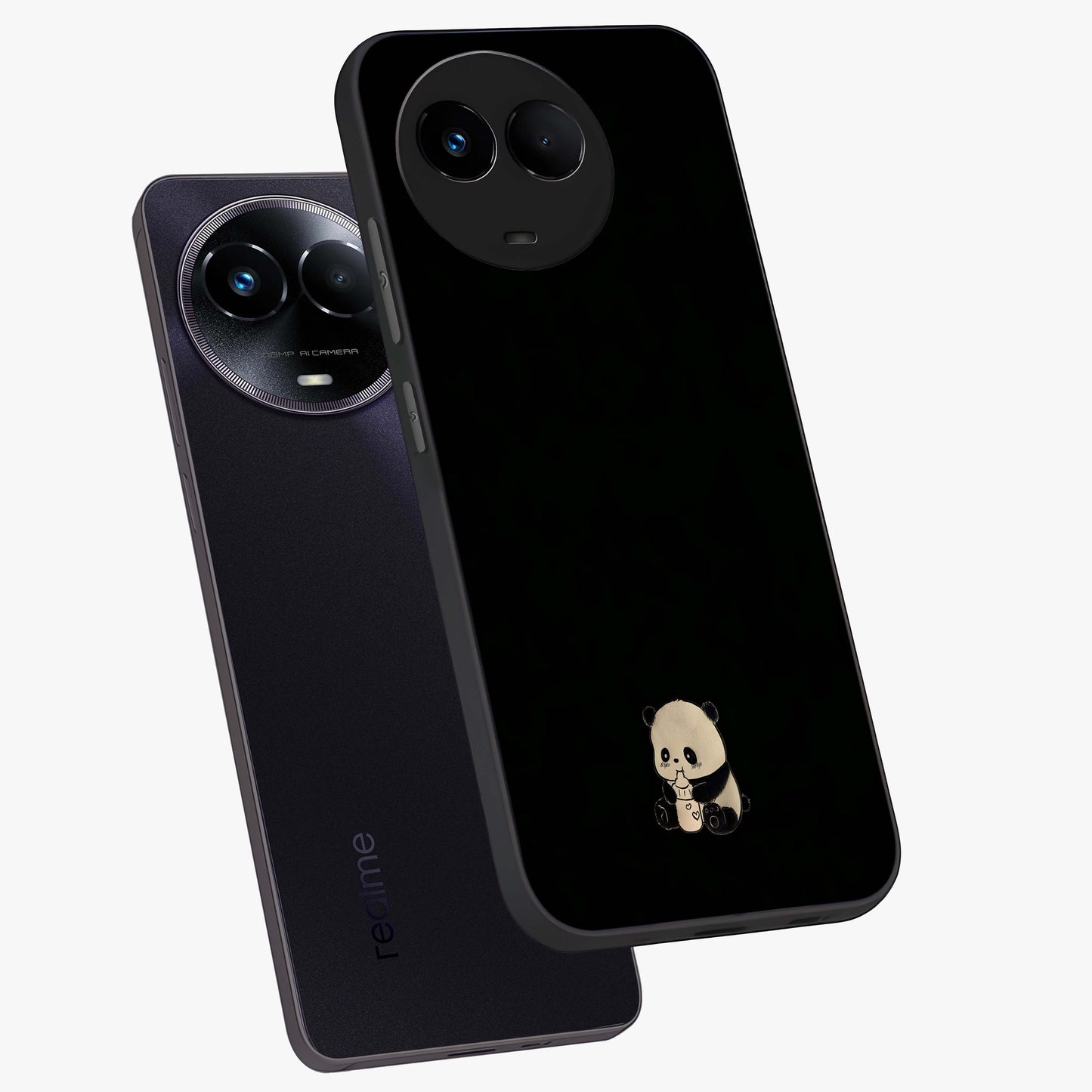 Midnight Panda Love Glass Case displayed in angled mockup highlighting adorable panda illustration with midnight aesthetic.