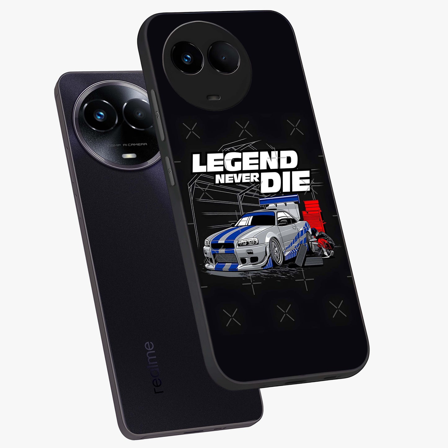 Midnight Racing Legacy Glass Case displayed in angled mockup highlighting dynamic automotive design with bold midnight aesthetic.