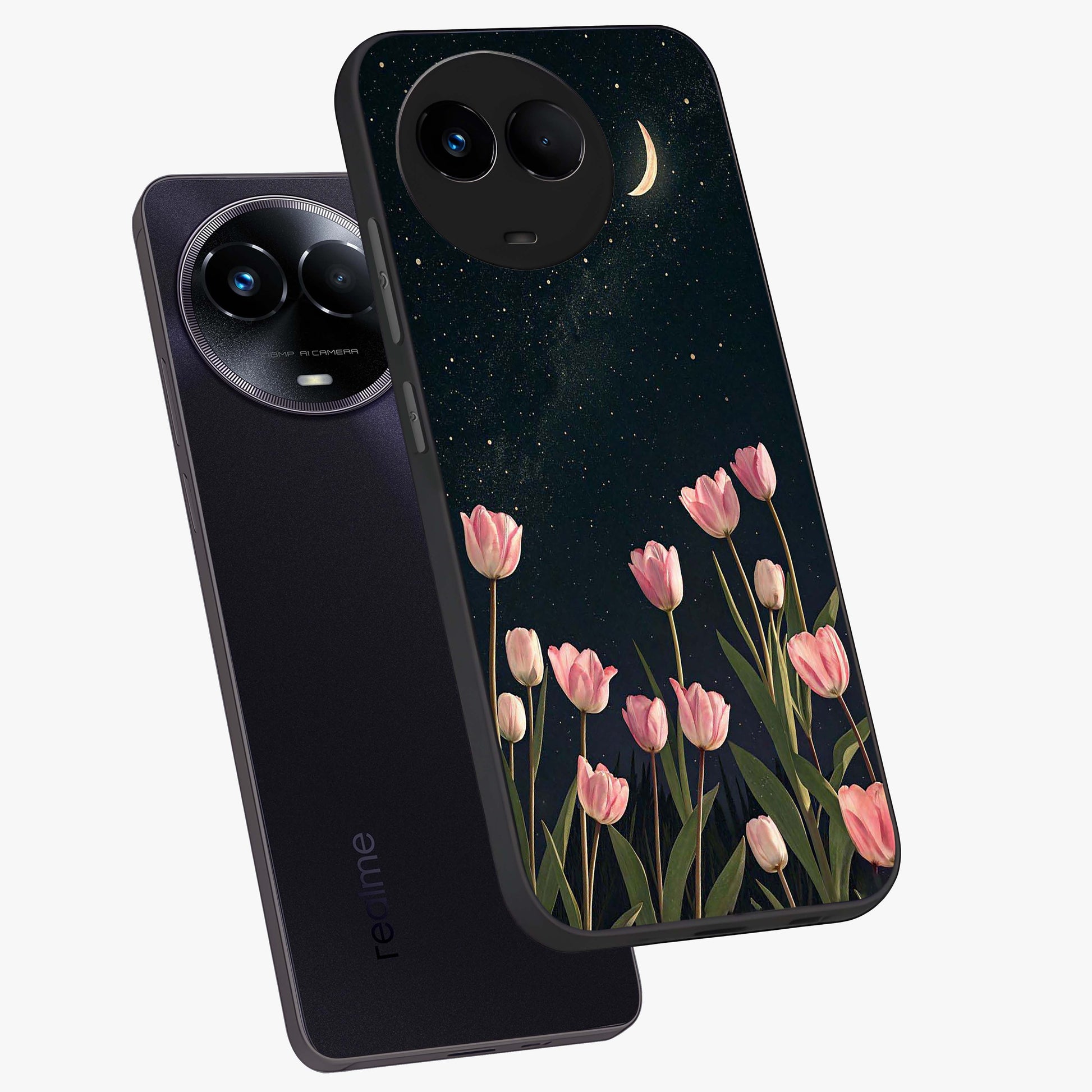 Midnight Tulip Whispers Vibe Glass Case displayed in angled mockup highlighting delicate tulip design with midnight floral aesthetic.