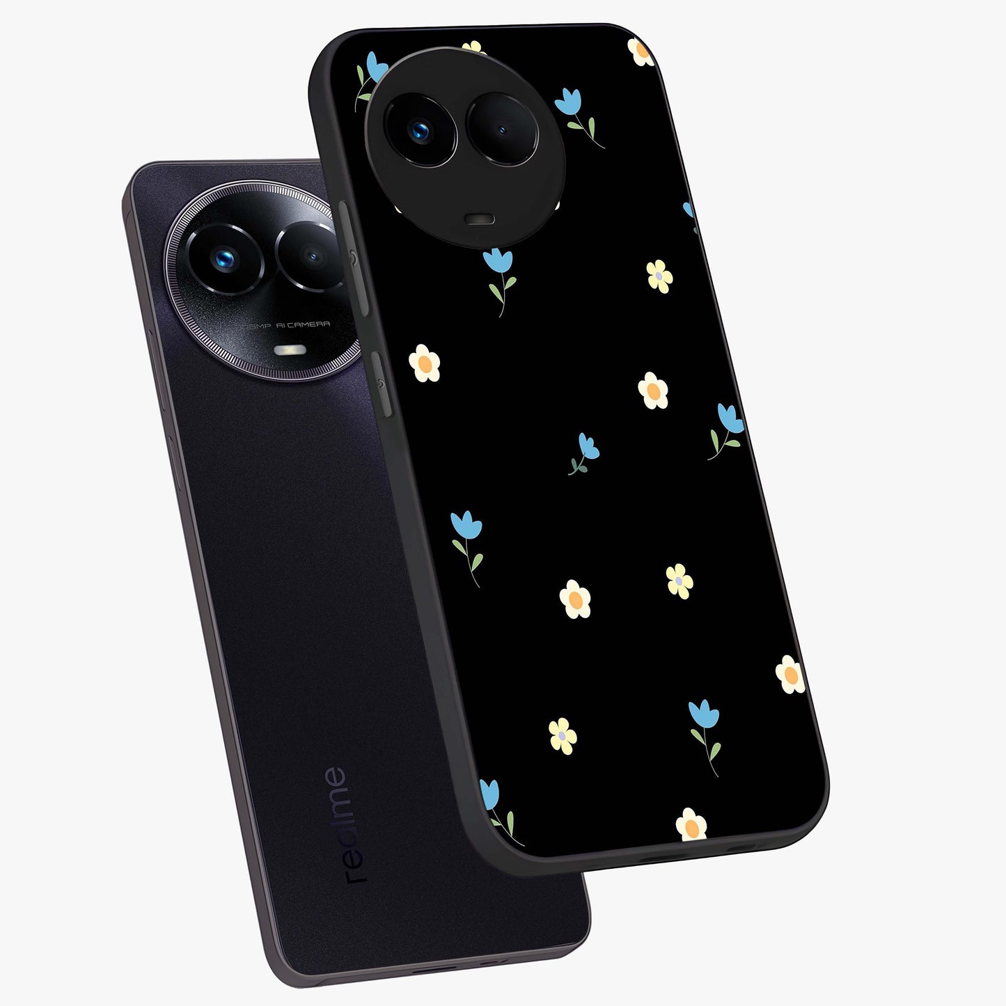 Minimal Petal Whispers Glass Case displayed in angled mockup highlighting delicate petal design with clean minimal aesthetic.
