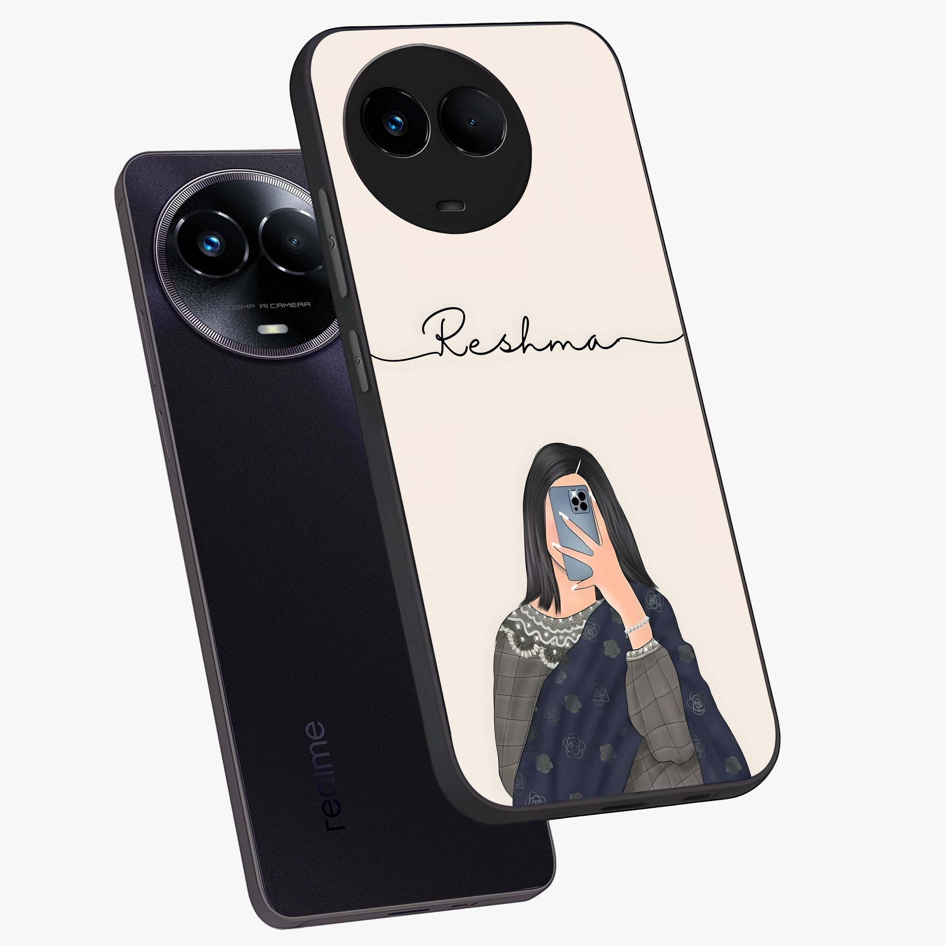 Mirror Mood Muse With Custom Name Glass Case displayed in angled mockup highlighting aesthetic mirror inspired design with custom name feature.