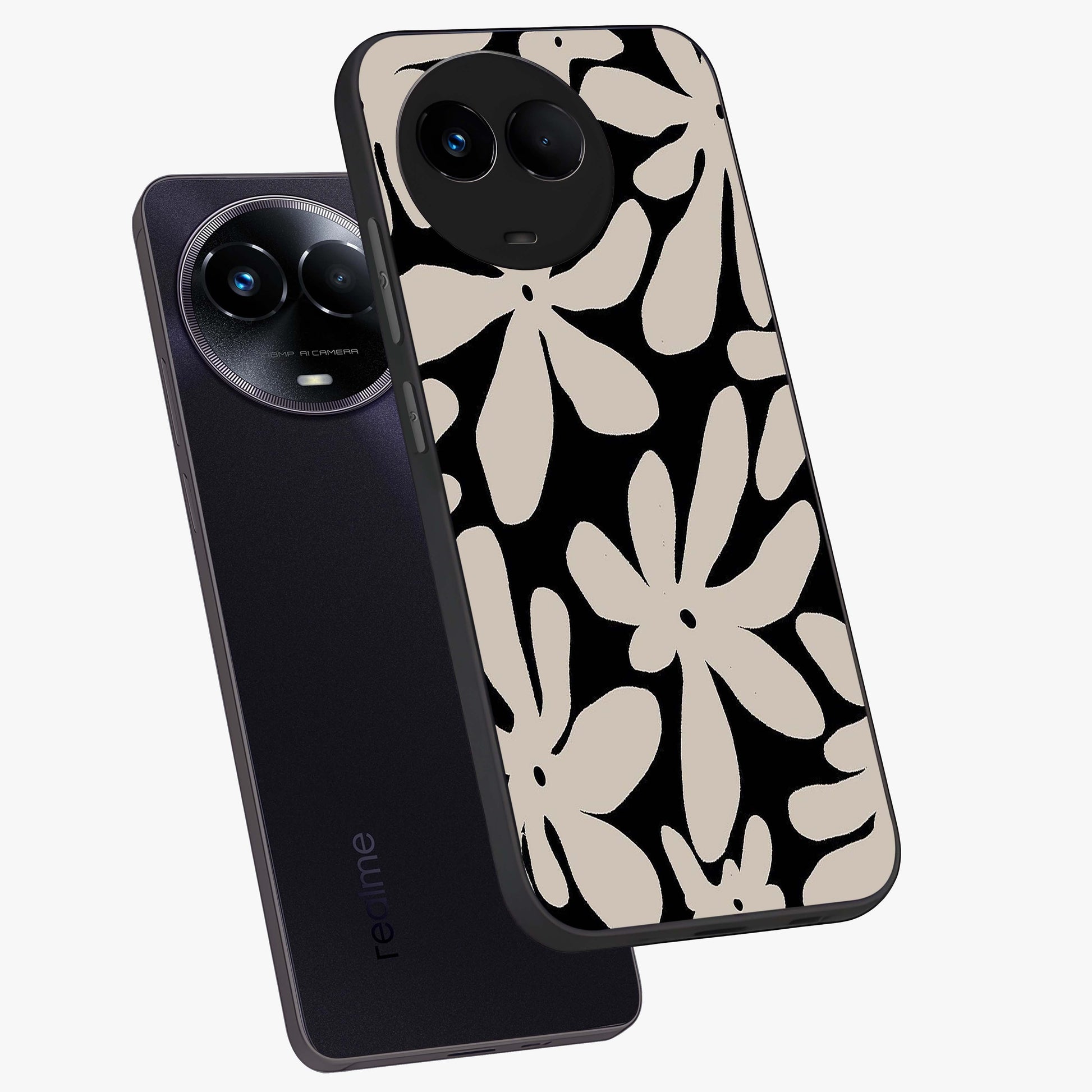 Monochrome Petal Dance Glass Case displayed in angled mockup highlighting elegant petal design with black and white aesthetic.
