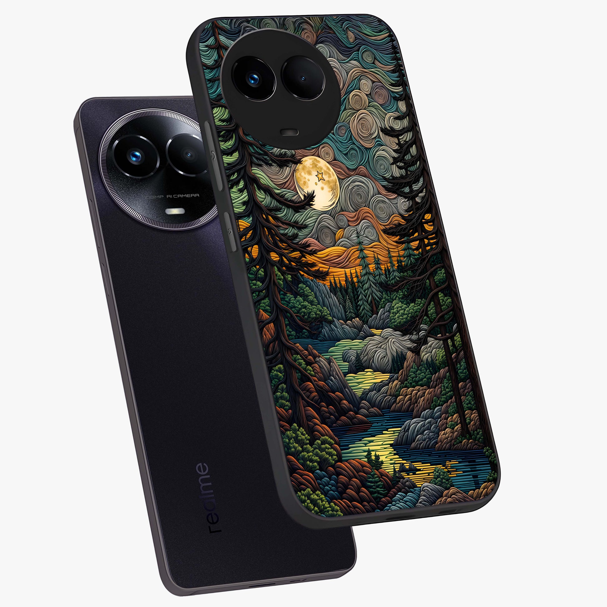 Moonlight Forest Dream Glass Case displayed in angled mockup highlighting dreamy forest design with glowing moon aesthetic.