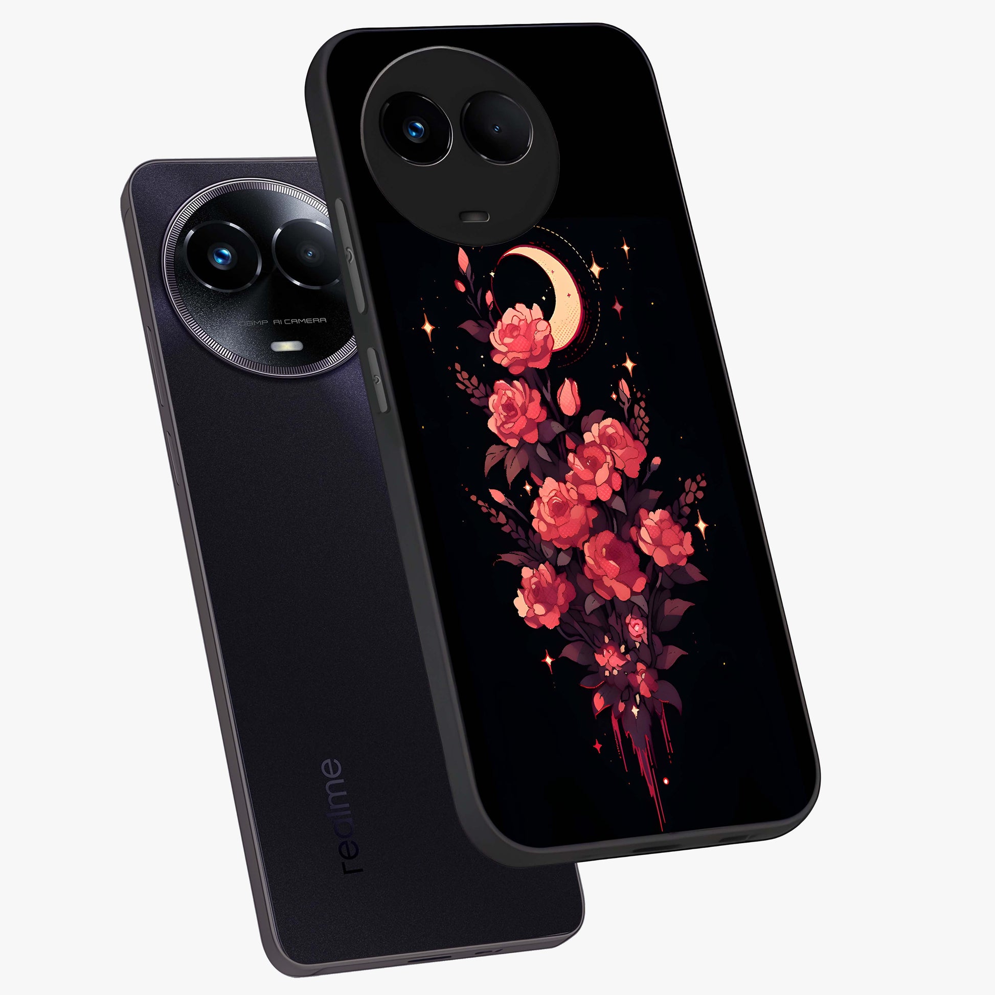 Moonlit Floral Elegance Glass Case displayed in angled mockup highlighting graceful flower design with soft moonlight aesthetic.