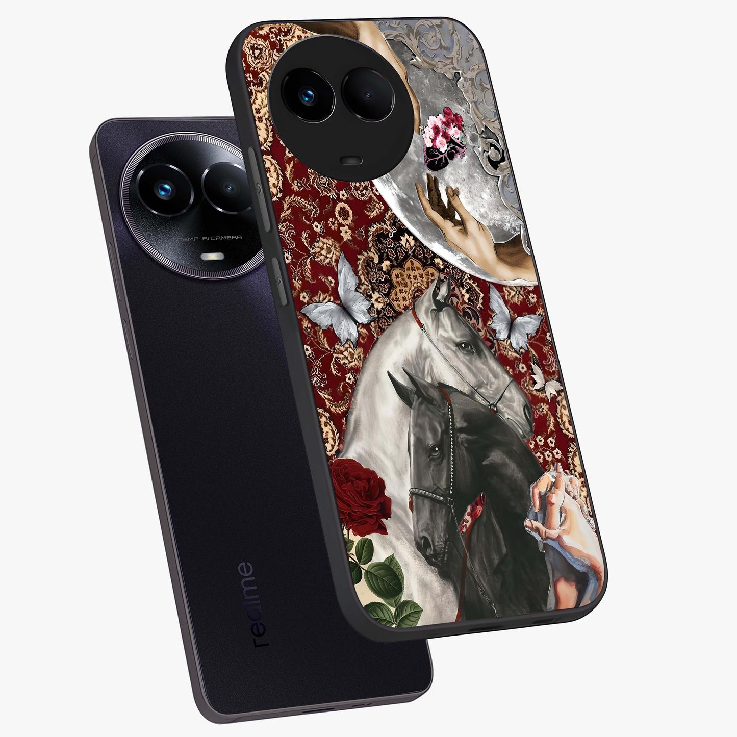 Moonlit Royal Stallion Glass Case displayed in angled mockup highlighting powerful stallion illustration with royal night aesthetic.