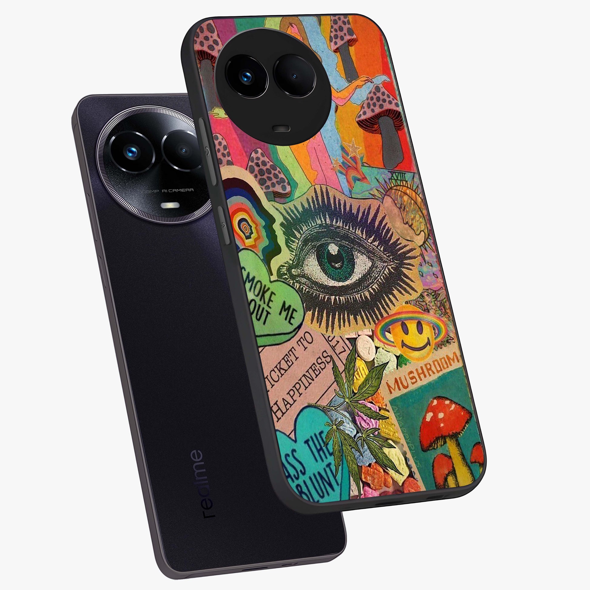Mystic Eye Wonderland Glass Case displayed in angled mockup highlighting magical eye illustration with dreamy aesthetic.