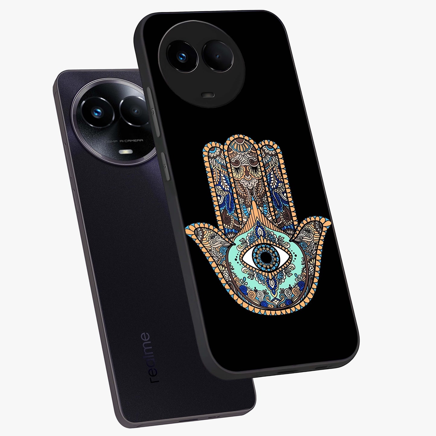 Mystic Hamsa Eye Glass Case displayed in angled mockup highlighting spiritual hamsa symbol with mystical aesthetic style.