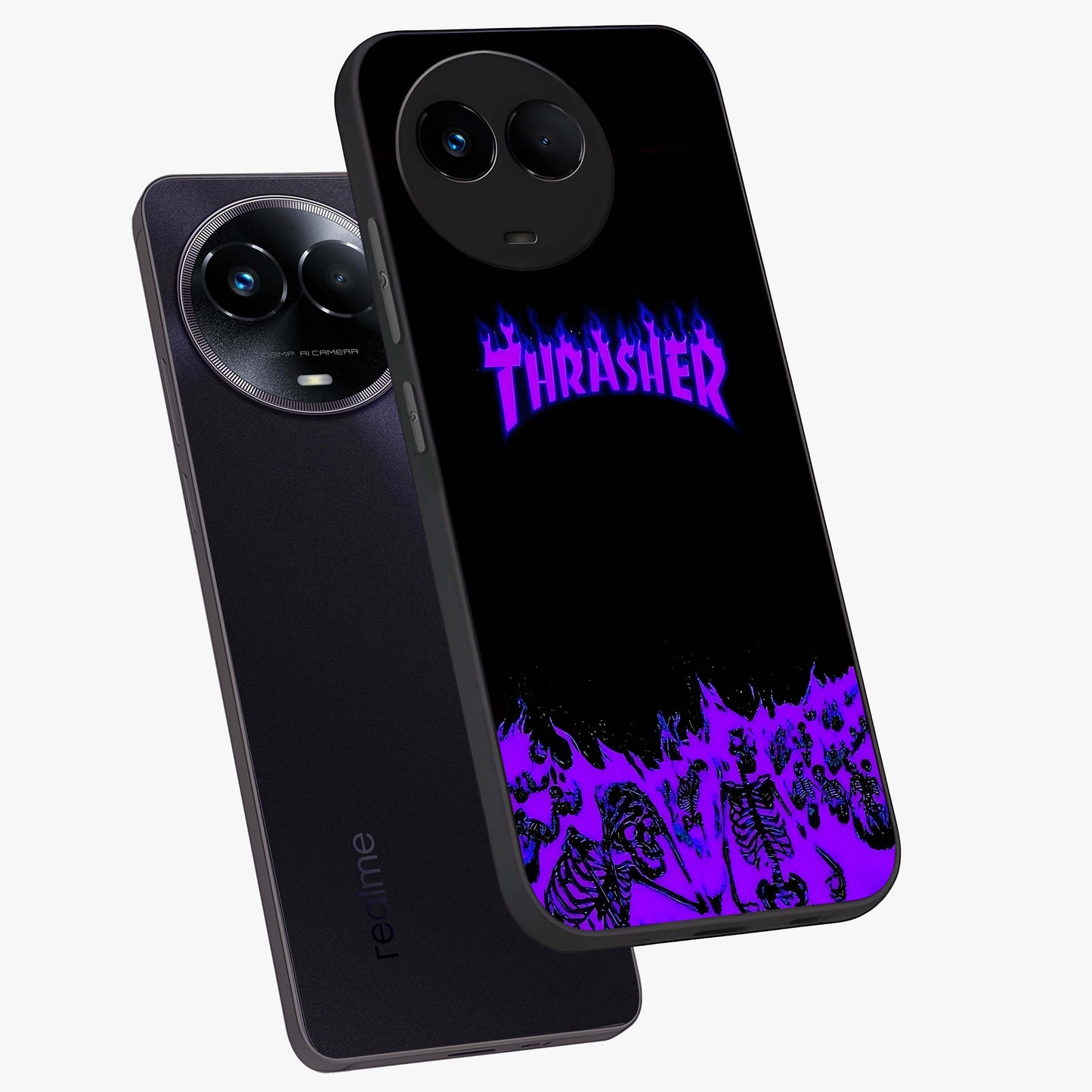 Neon Flame Riot Glass Case displayed in angled mockup highlighting glowing flame design with vibrant neon aesthetic.