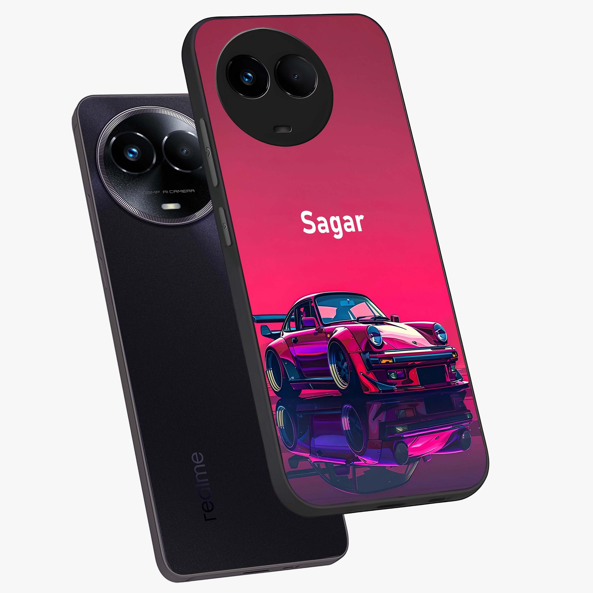 Neon Pink Porsche Glass Case displayed in angled mockup highlighting sleek neon pink car design with racing aesthetic.